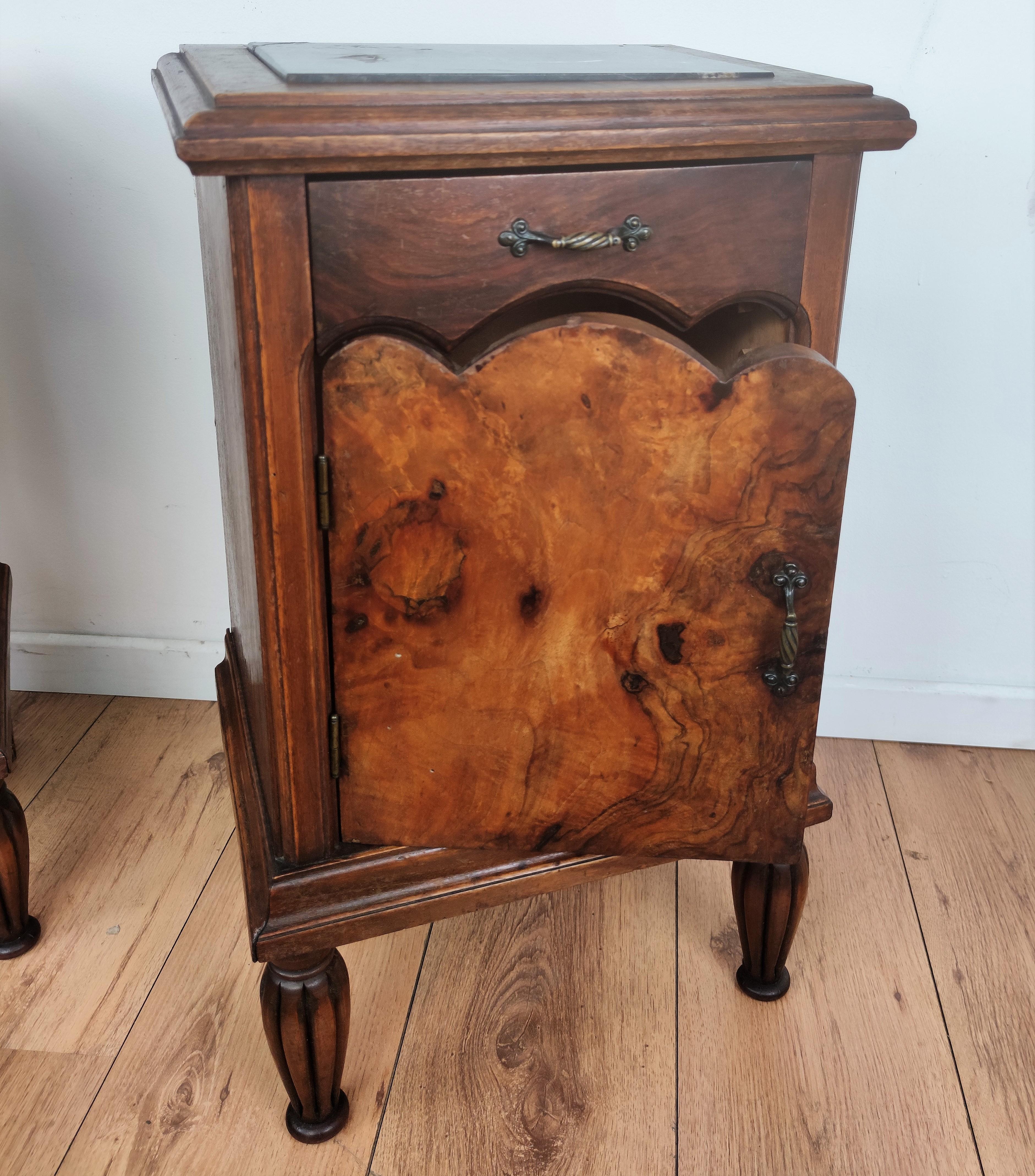 Pair of Italian Antique Walnut Burl and Portoro Marble Night Stands Bed Tables In Good Condition In Carimate, Como