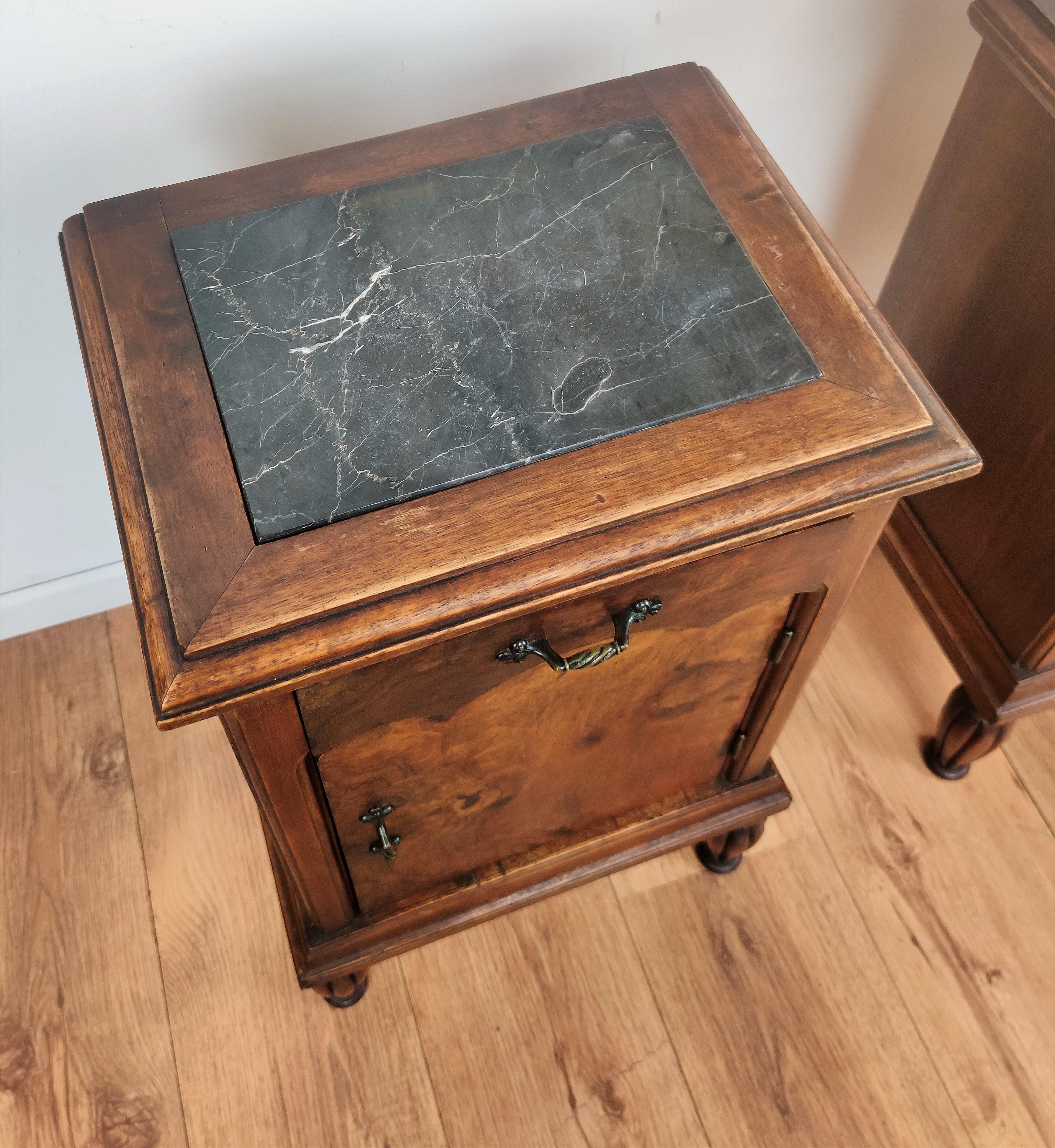 Bronze Pair of Italian Antique Walnut Burl and Portoro Marble Night Stands Bed Tables