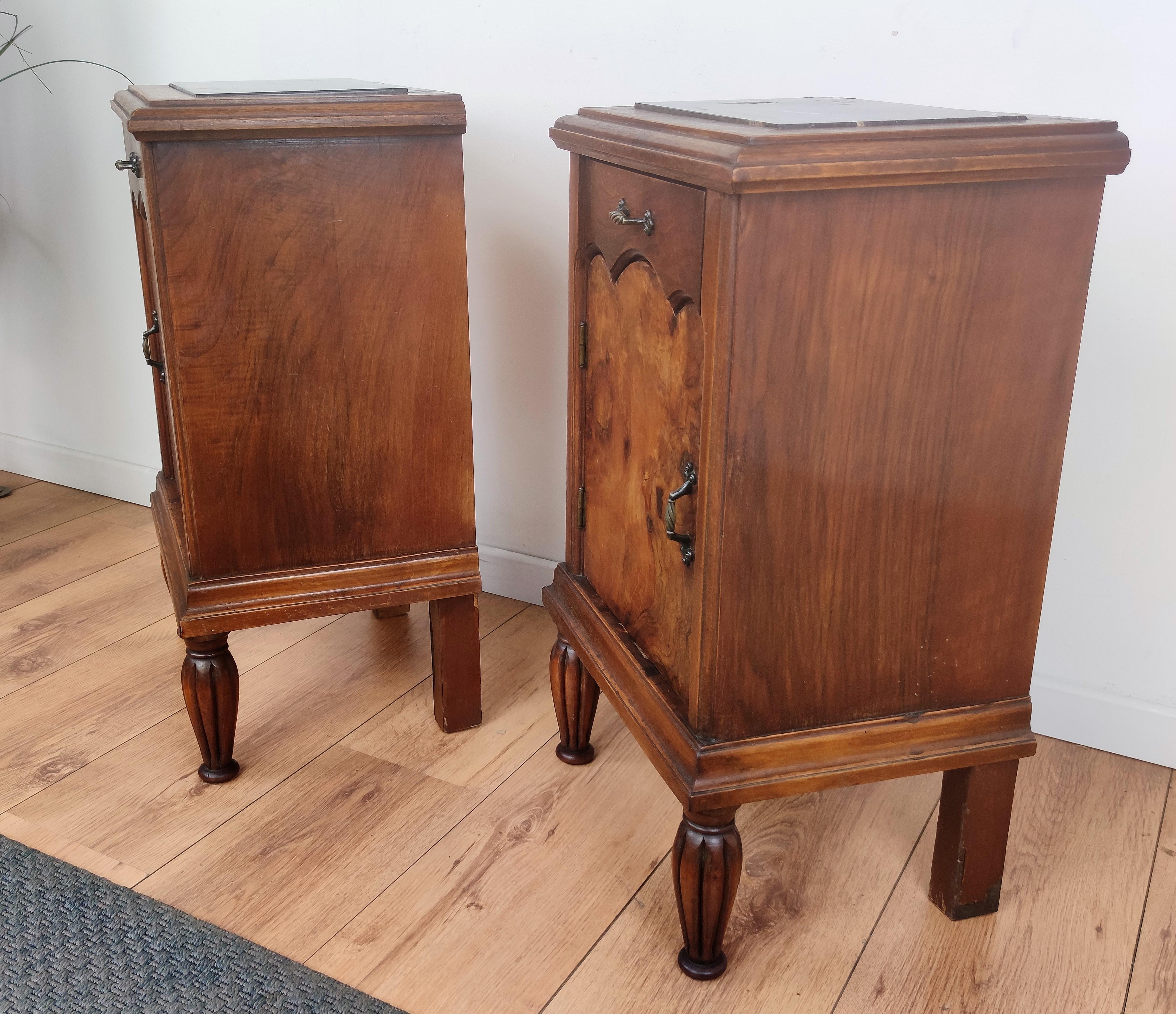 Pair of Italian Antique Walnut Burl and Portoro Marble Night Stands Bed Tables 2