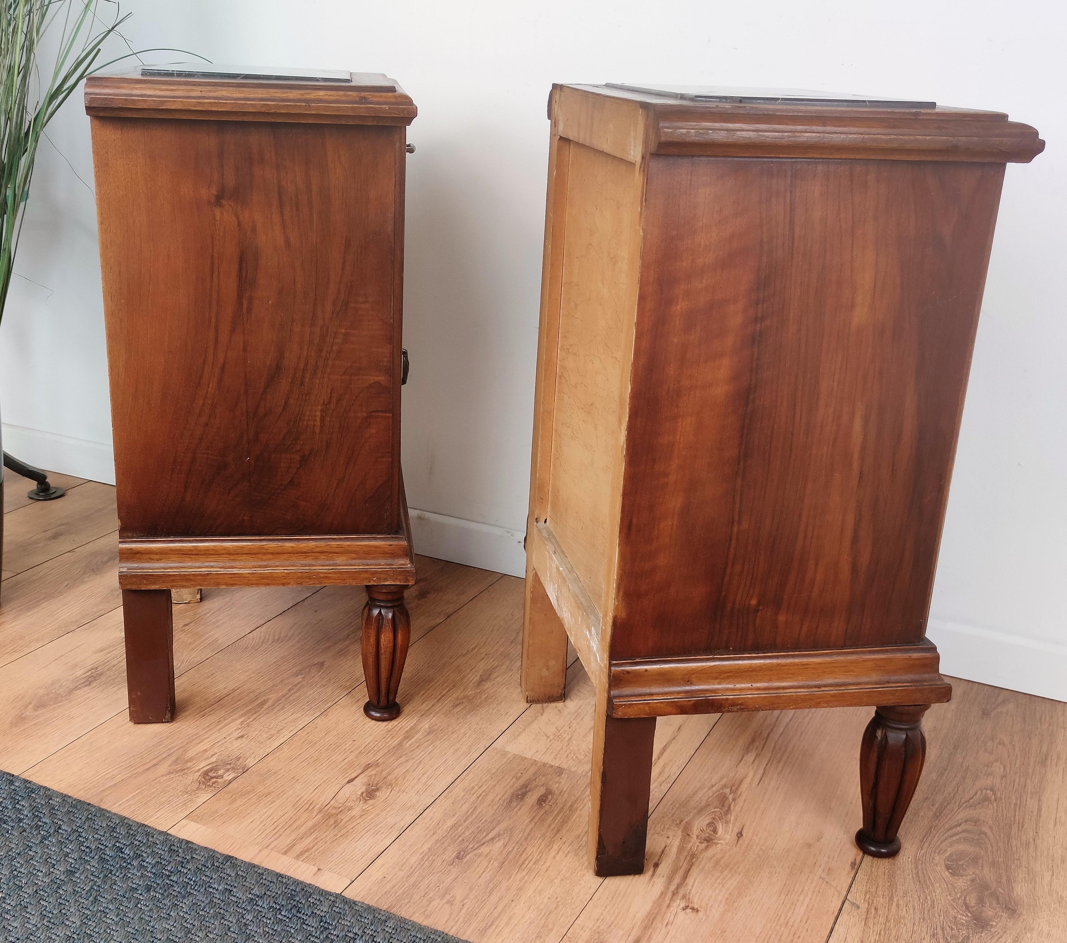 Pair of Italian Antique Walnut Burl and Portoro Marble Night Stands Bed Tables 3