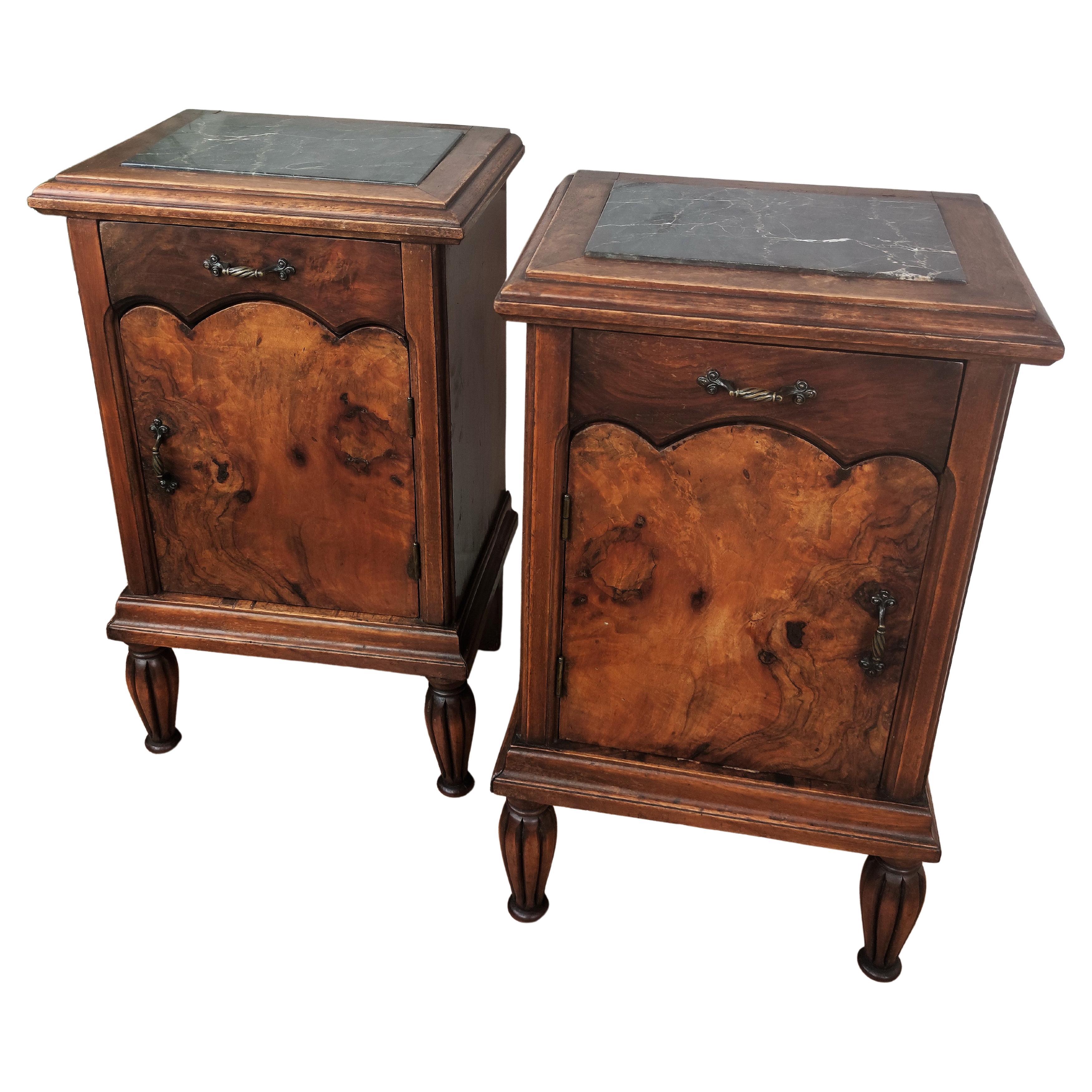 Pair of Italian Antique Walnut Burl and Portoro Marble Night Stands Bed Tables