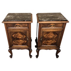 Pair of Italian Antique Walnut Burl and Portoro Marble Night Stands Bed Tables