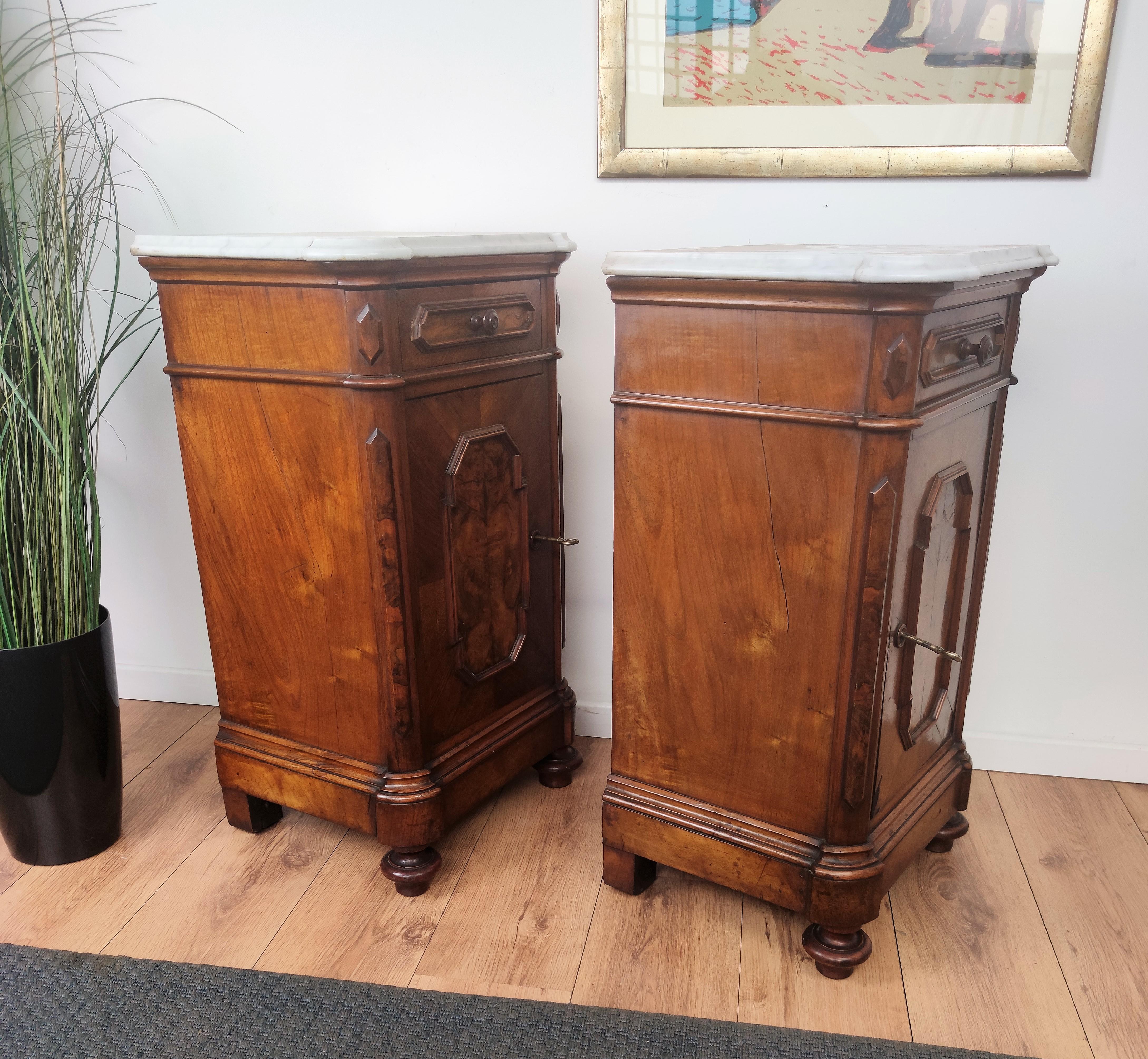 Pair of Italian Antique Walnut Burl and White Marble Night Stands Bed Tables 2