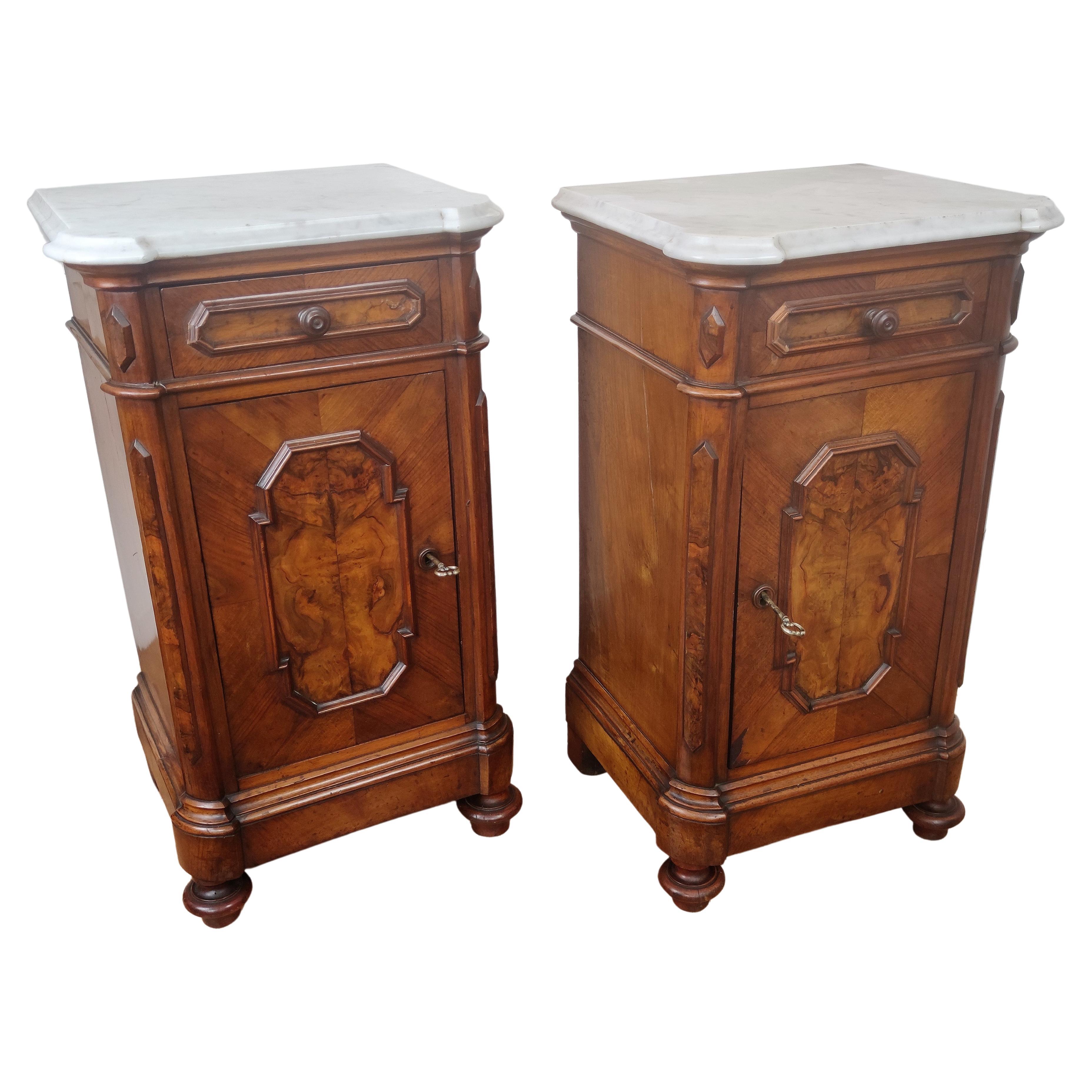 Pair of Italian Antique Walnut Burl and White Marble Night Stands Bed Tables