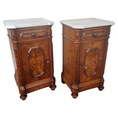Pair of Italian Antique Walnut Burl and White Marble Night Stands Bed Tables