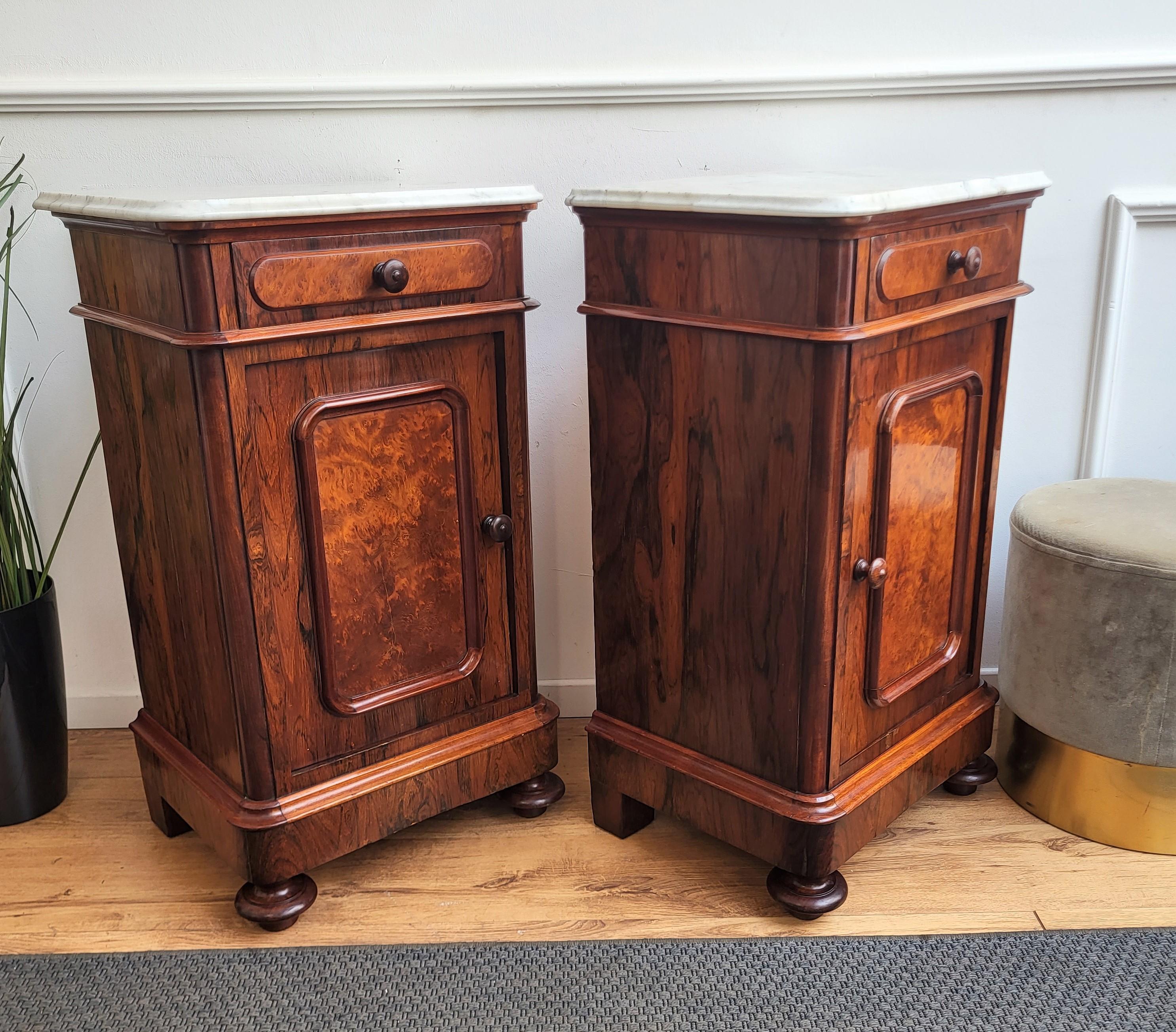 20th Century Pair of Italian Antique Walnut Burl White Carrara Marble Night Stands Bed Tables
