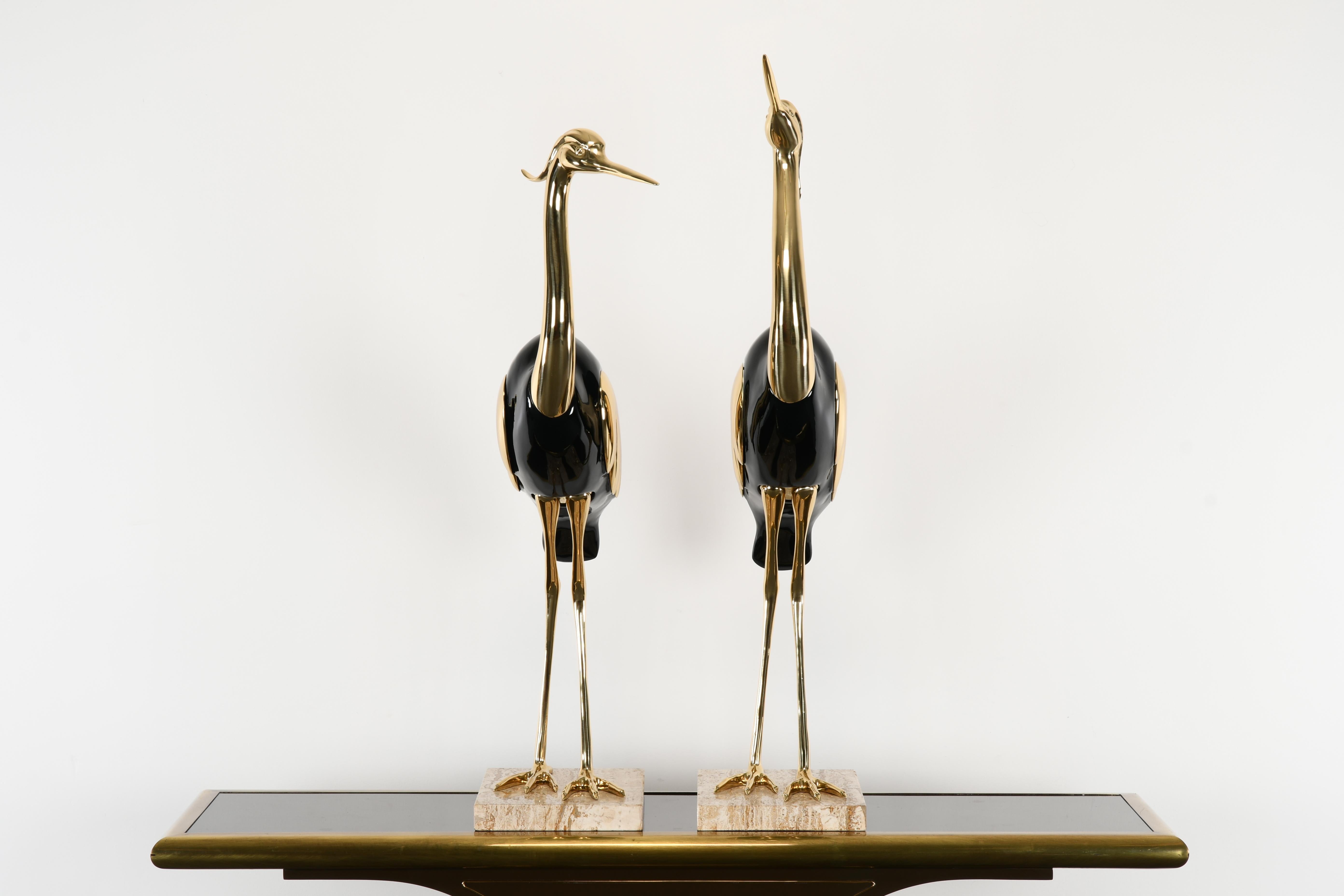 Mid-Century Modern Pair of Italian Antonio Pavia Style Brass & Black Lacquer Italian Egrets, 1980s