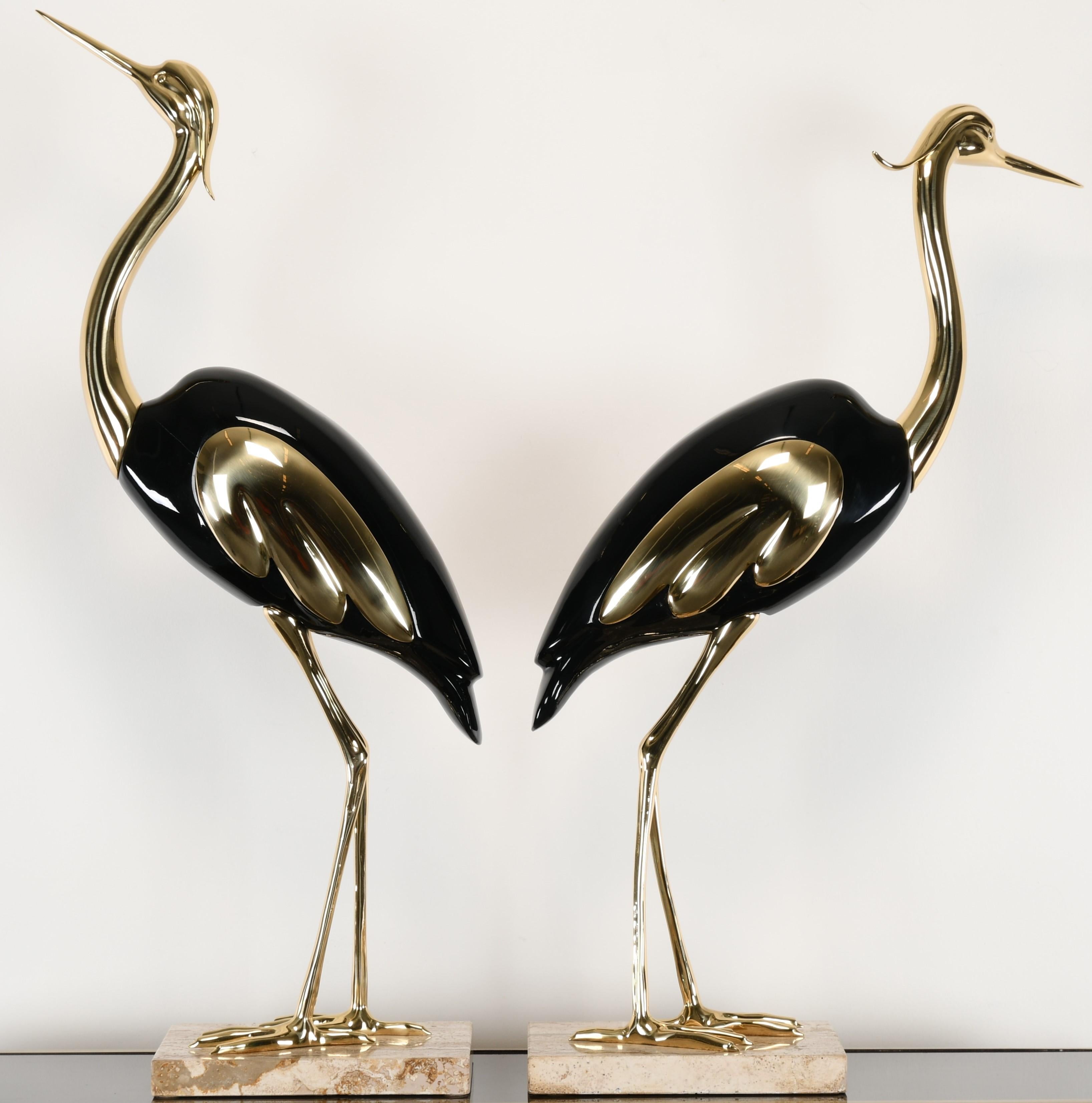 Lacquered Pair of Italian Antonio Pavia Style Brass & Black Lacquer Italian Egrets, 1980s