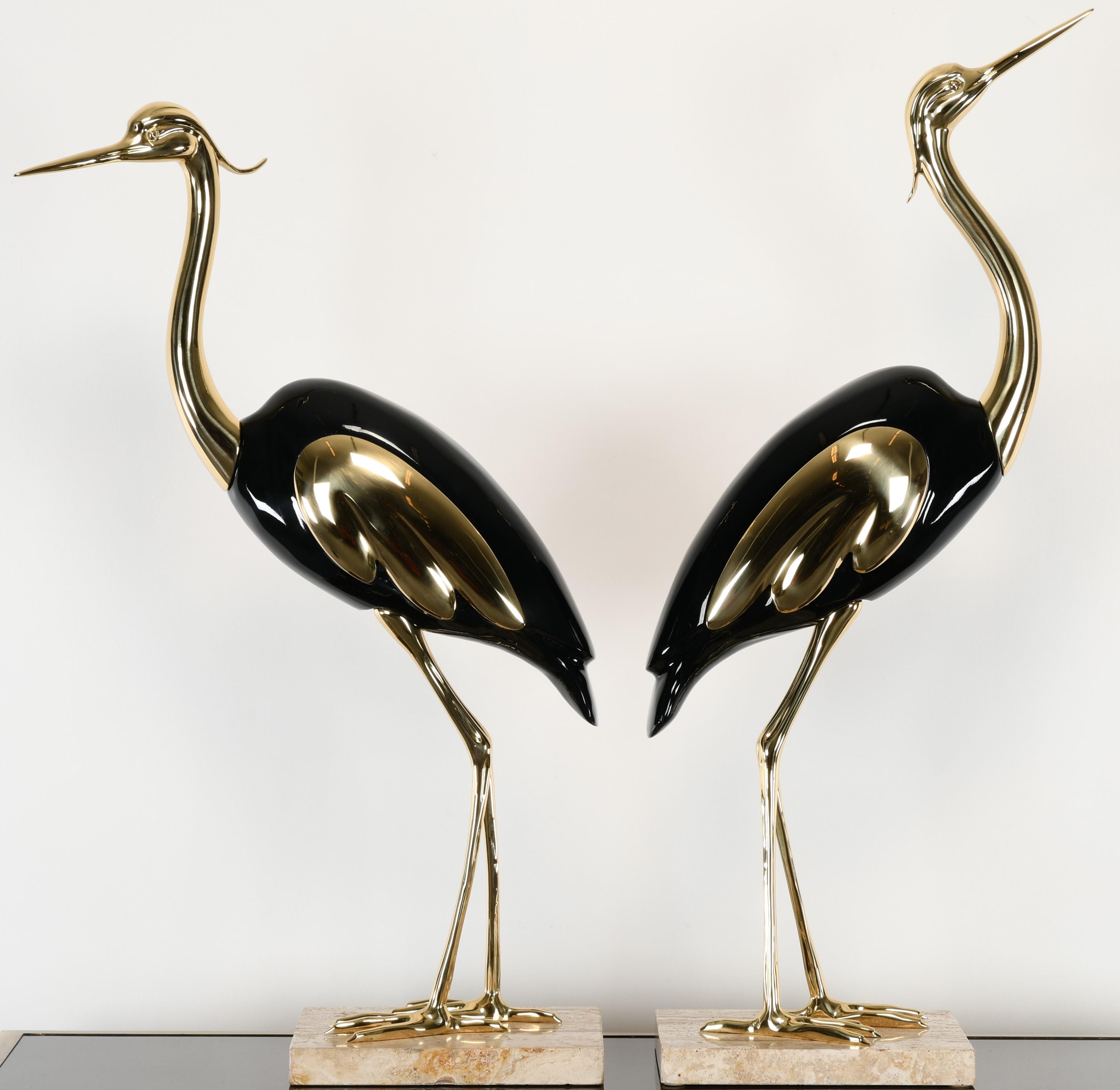 Pair of Italian Antonio Pavia Style Brass & Black Lacquer Italian Egrets, 1980s In Good Condition In Hamburg, PA