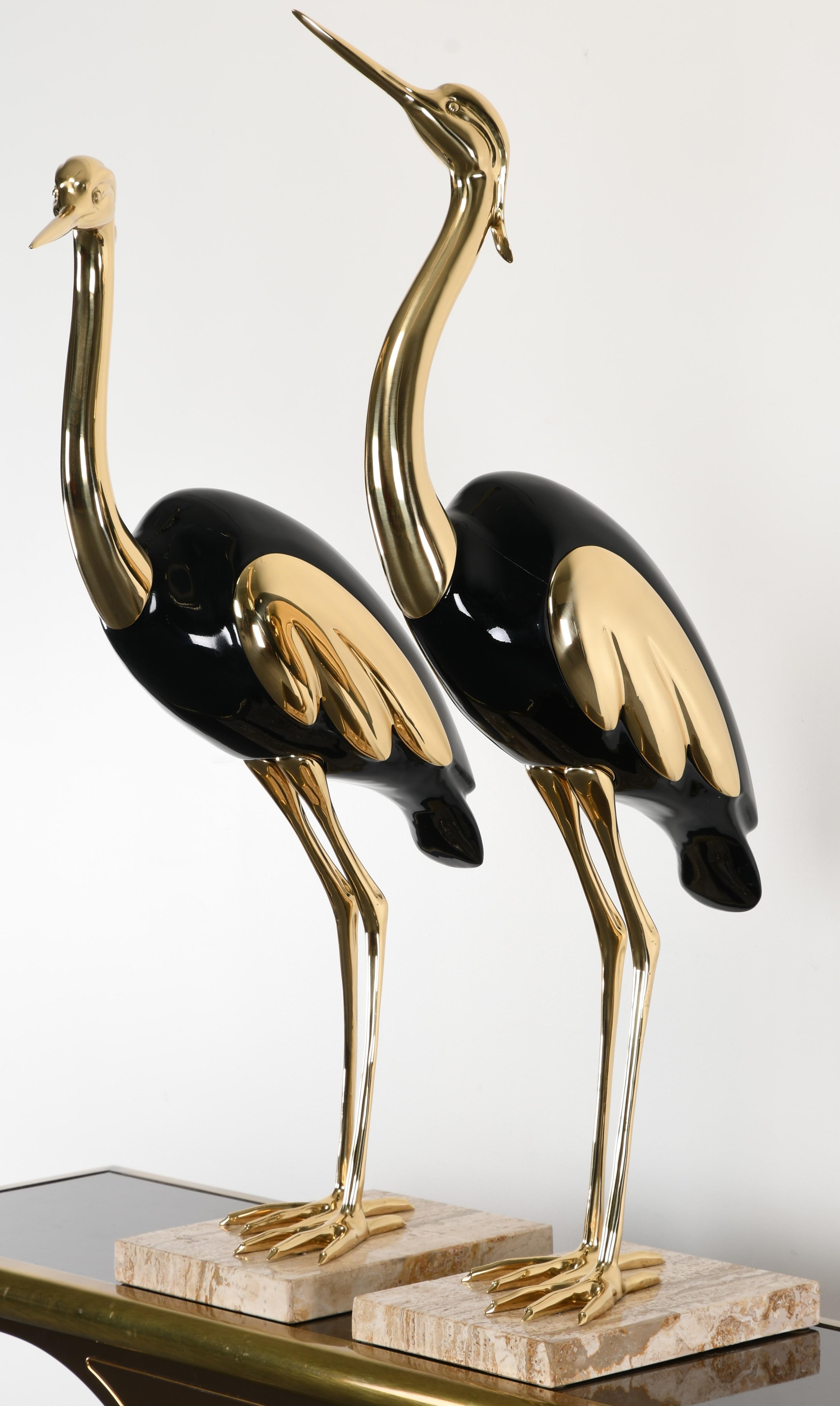 Late 20th Century Pair of Italian Antonio Pavia Style Brass & Black Lacquer Italian Egrets, 1980s