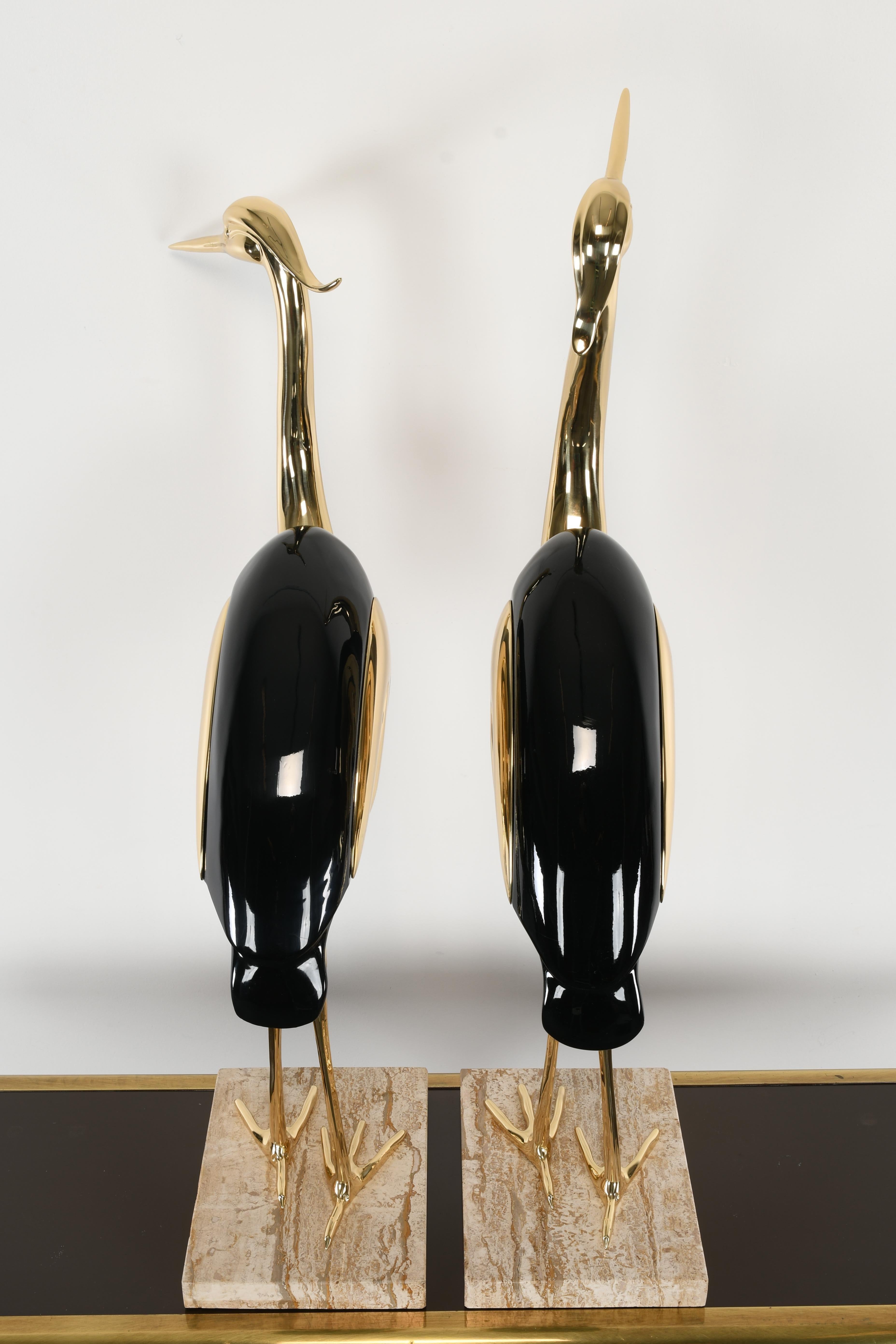 Pair of Italian Antonio Pavia Style Brass & Black Lacquer Italian Egrets, 1980s 1