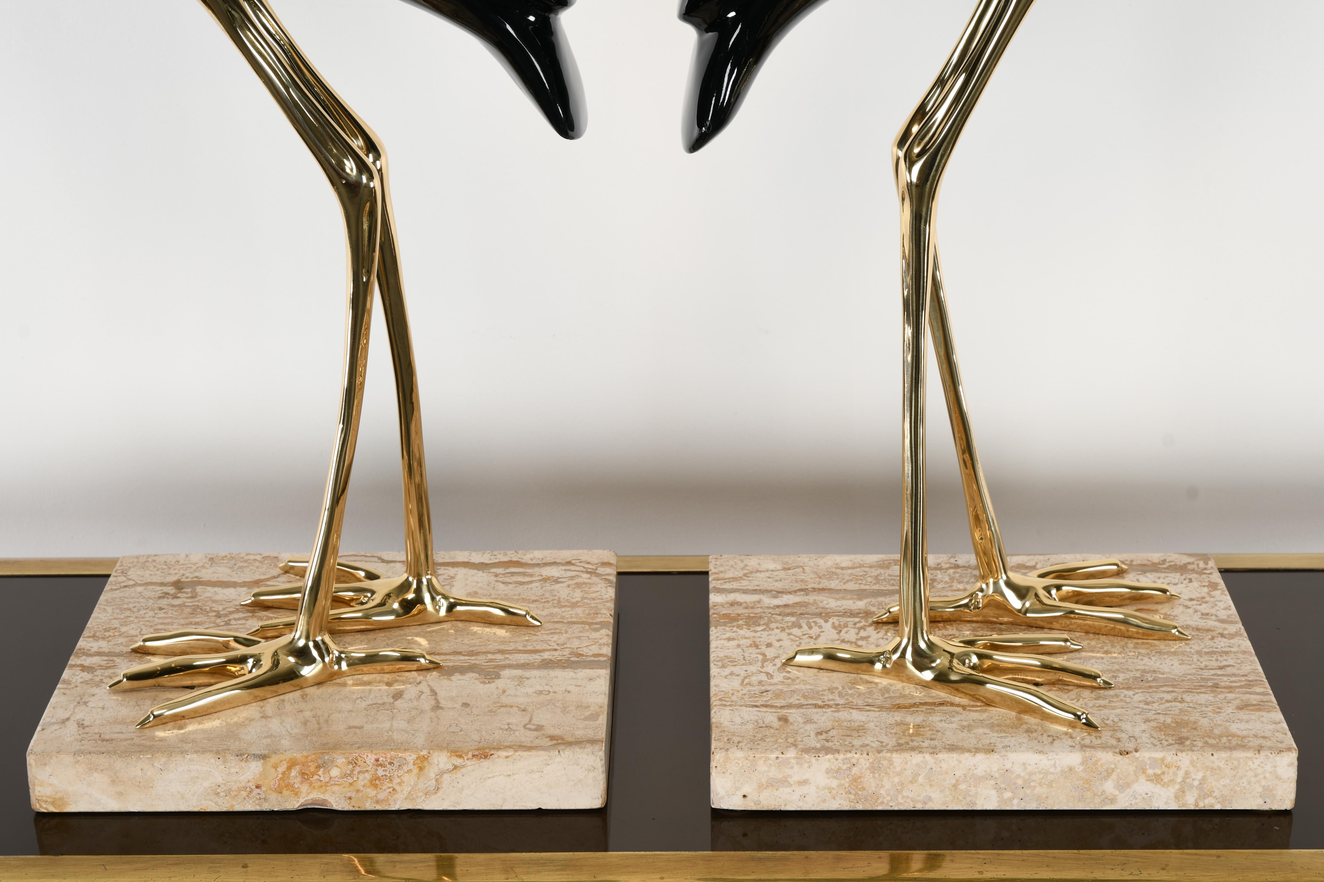 Pair of Italian Antonio Pavia Style Brass & Black Lacquer Italian Egrets, 1980s 2