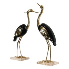 Pair of Italian Antonio Pavia Style Brass & Black Lacquer Italian Egrets, 1980s