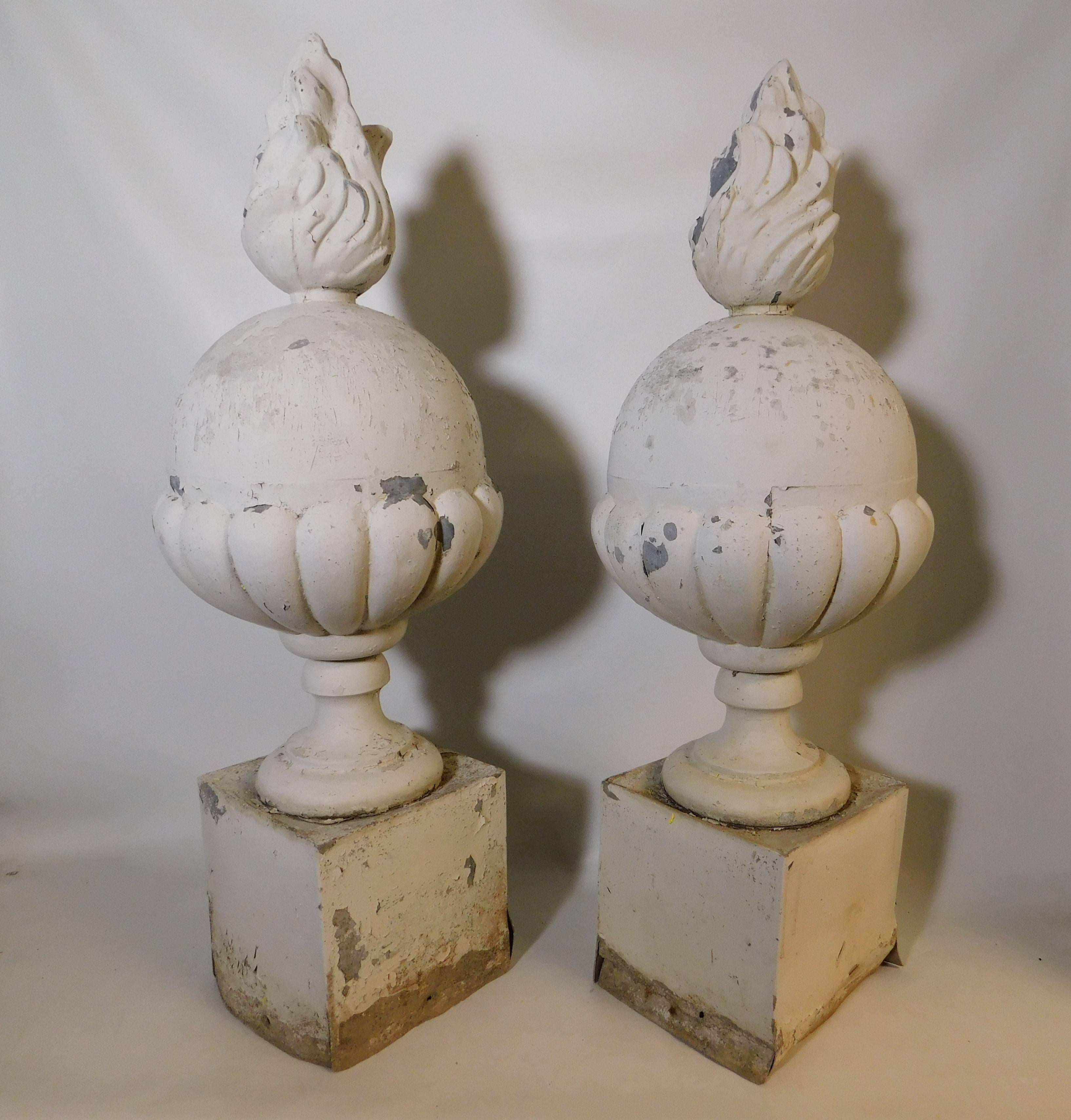 Neoclassical Pair of Italian Architectural Ornate Metal Flame Finials 