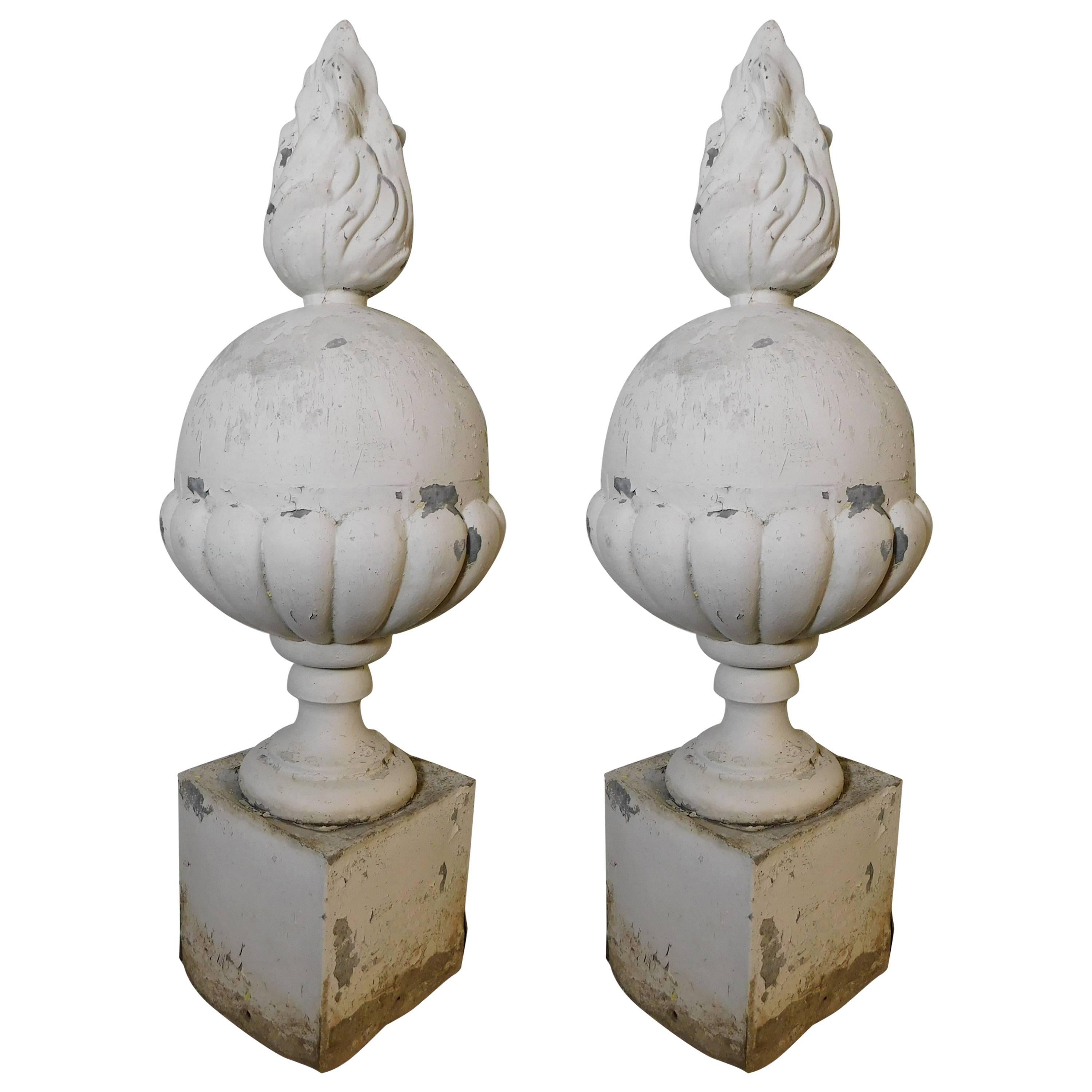 Pair of Italian Architectural Ornate Metal Flame Finials 