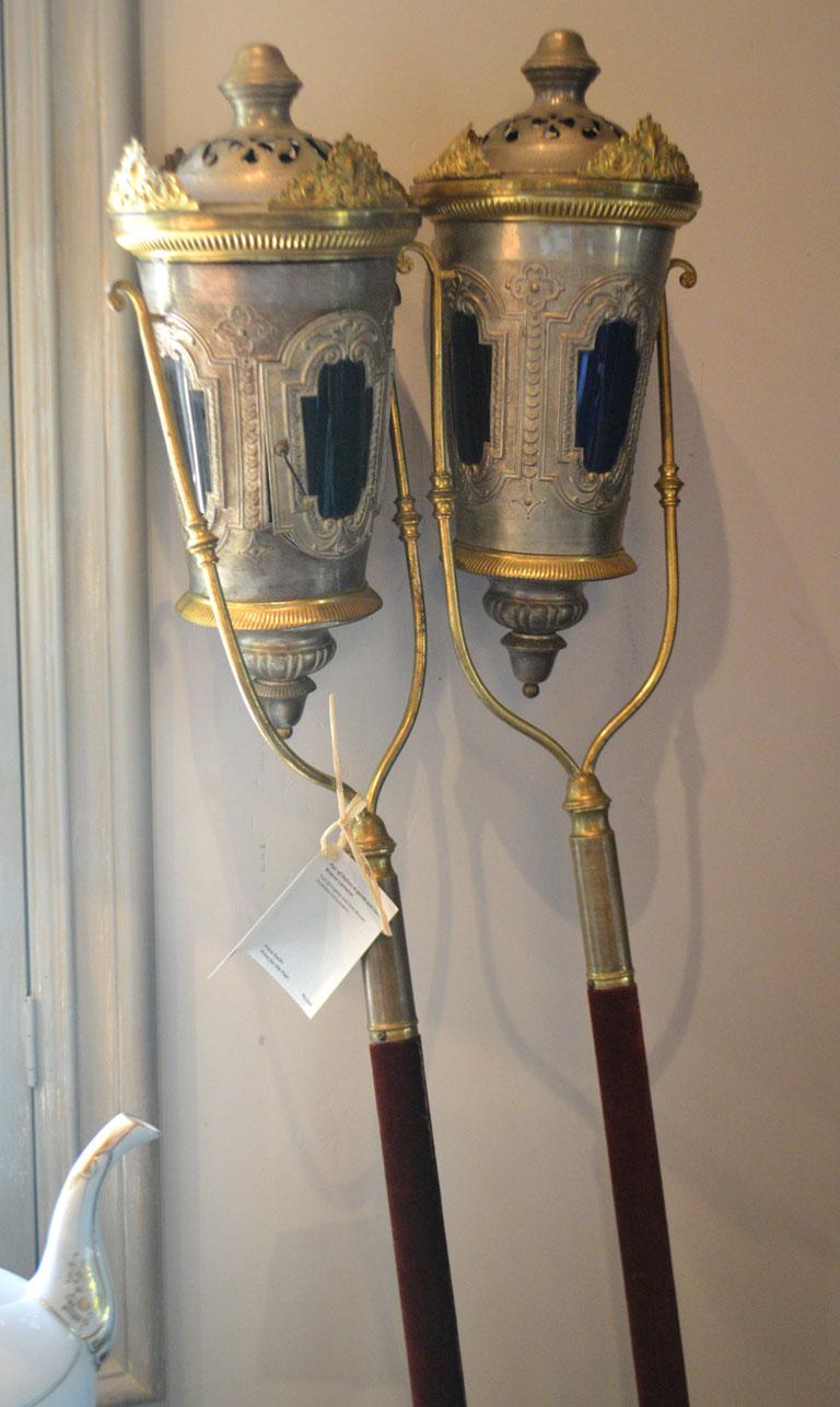 Pair of Argente and Dore bronze ecclesiastical lanterns on red velvet covered poles. Could be hung on a wall.