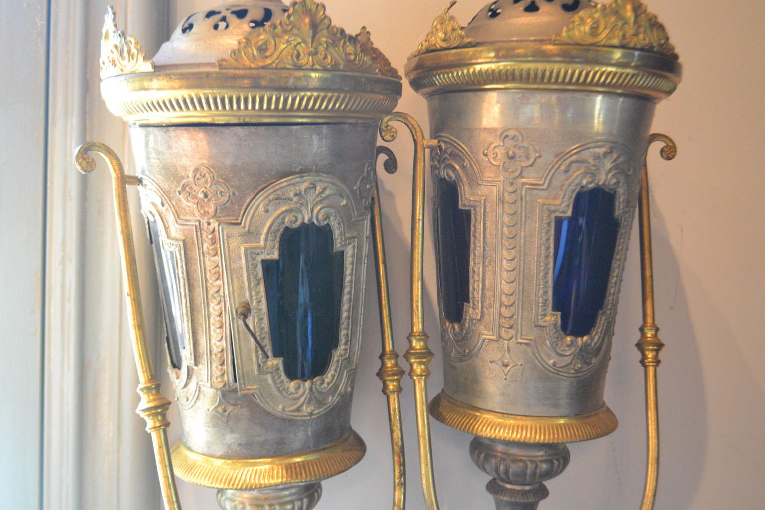 French Pair of Italian Argente and Dore Bronze Lanterns