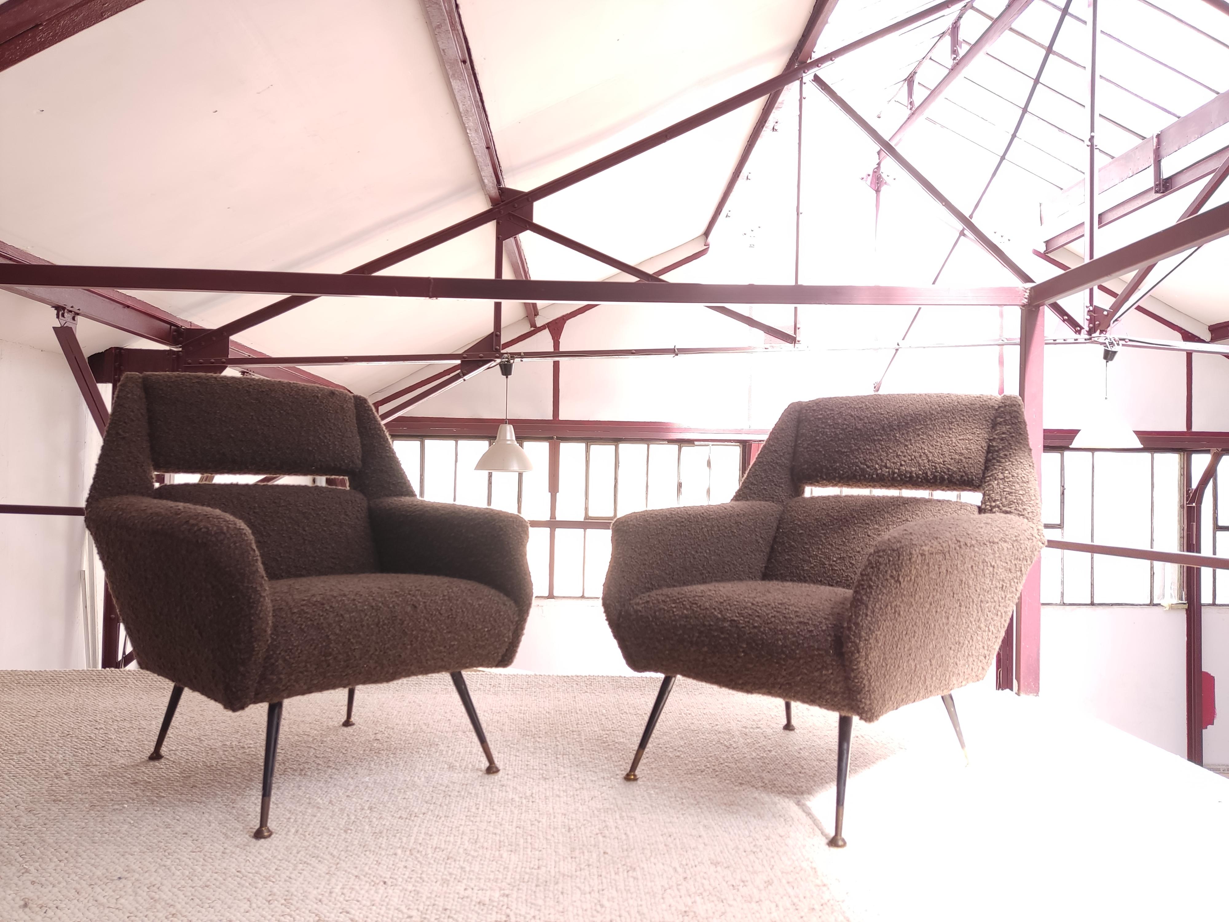 Mid-Century Modern Pair of Italian Armchairs 1950, Reupholstered in Chocolate Bouclé