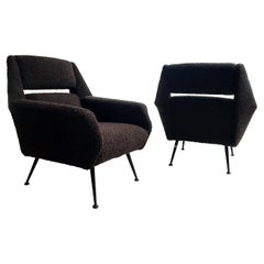 Vintage Pair of Italian Armchairs 1950, Reupholstered in Chocolate Bouclé