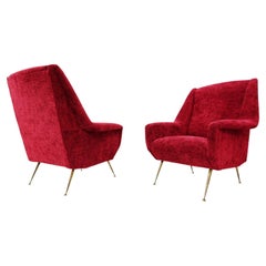 Pair of Italian Armchairs 1950s, New Red Velved Upholstery