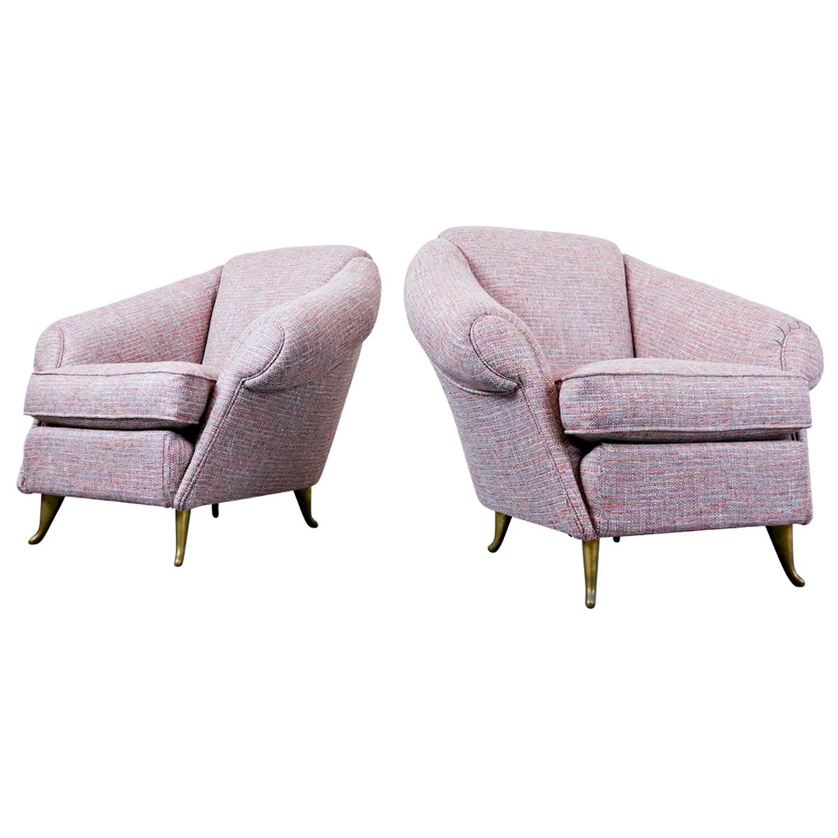 Paire de fauteuils italiens rose clair de style mi-siècle moderne, années 1950, neufs tissu d'ameublement