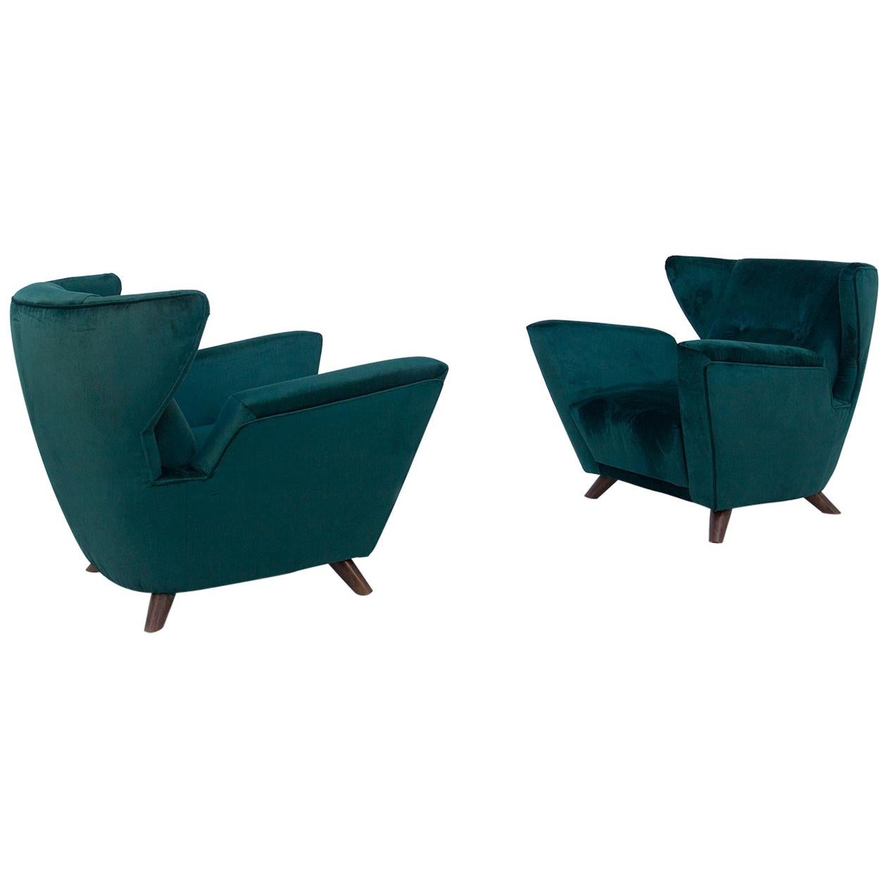 Pair of Italian Armchairs Attributed to Gio Ponti in Green Velvet, 1950s