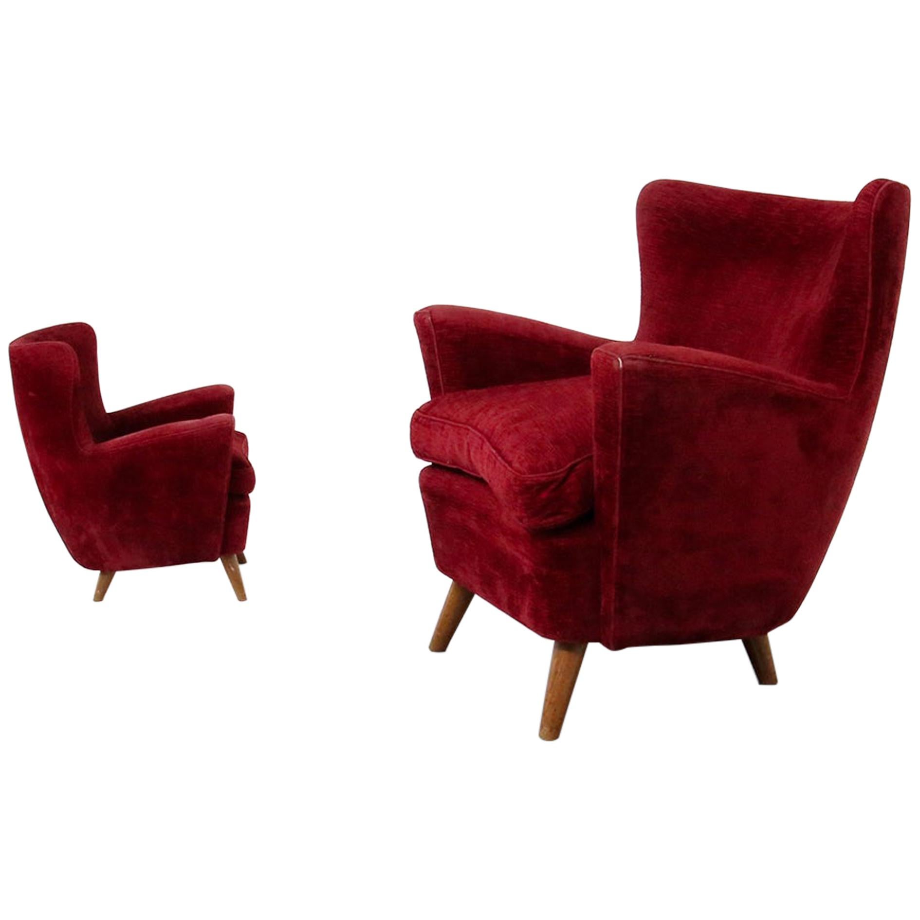 Pair of Italian Armchairs Attributed to Melchiorre Bega in Bordeaux Velvet, 1950