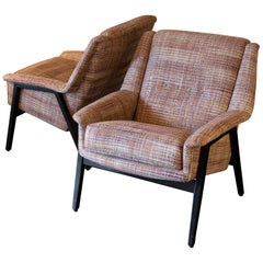 Pair of Italian Armchairs Black Lacquer Wood and Chanel Woven Fabric, circa 1950