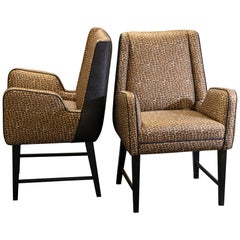 Pair of Italian Armchairs, Black Wood and Printed Silk, circa 1950