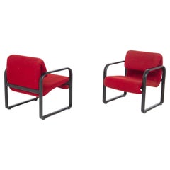Pair of Italian Armchairs by Arflex in Red Fabric and Black Metal
