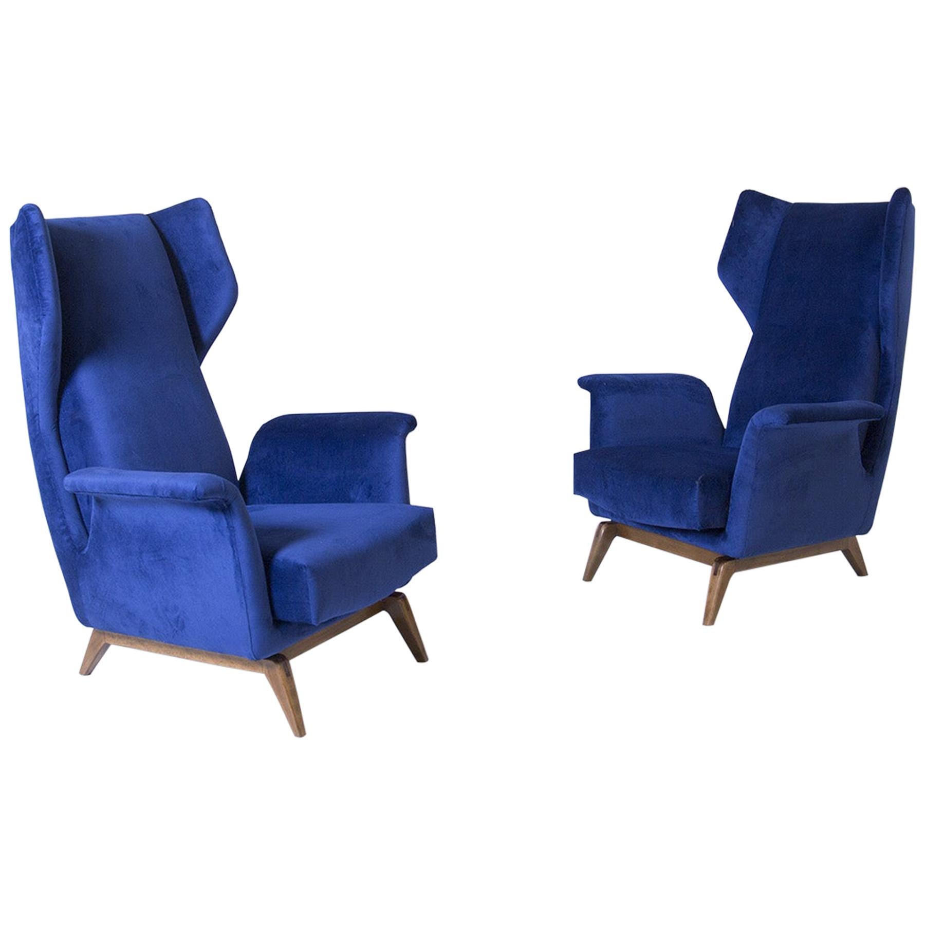 Pair of Italian Armchairs by Cassina in Blue Velvet, 1950s