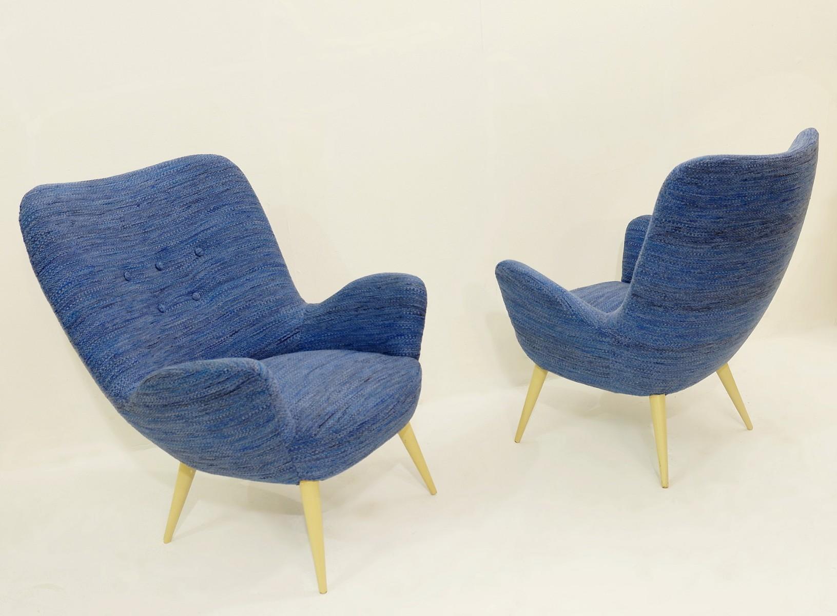 Mid-Century Modern Pair of Italian Armchairs by Cavatorta, 1950s, New Blue Upholstery