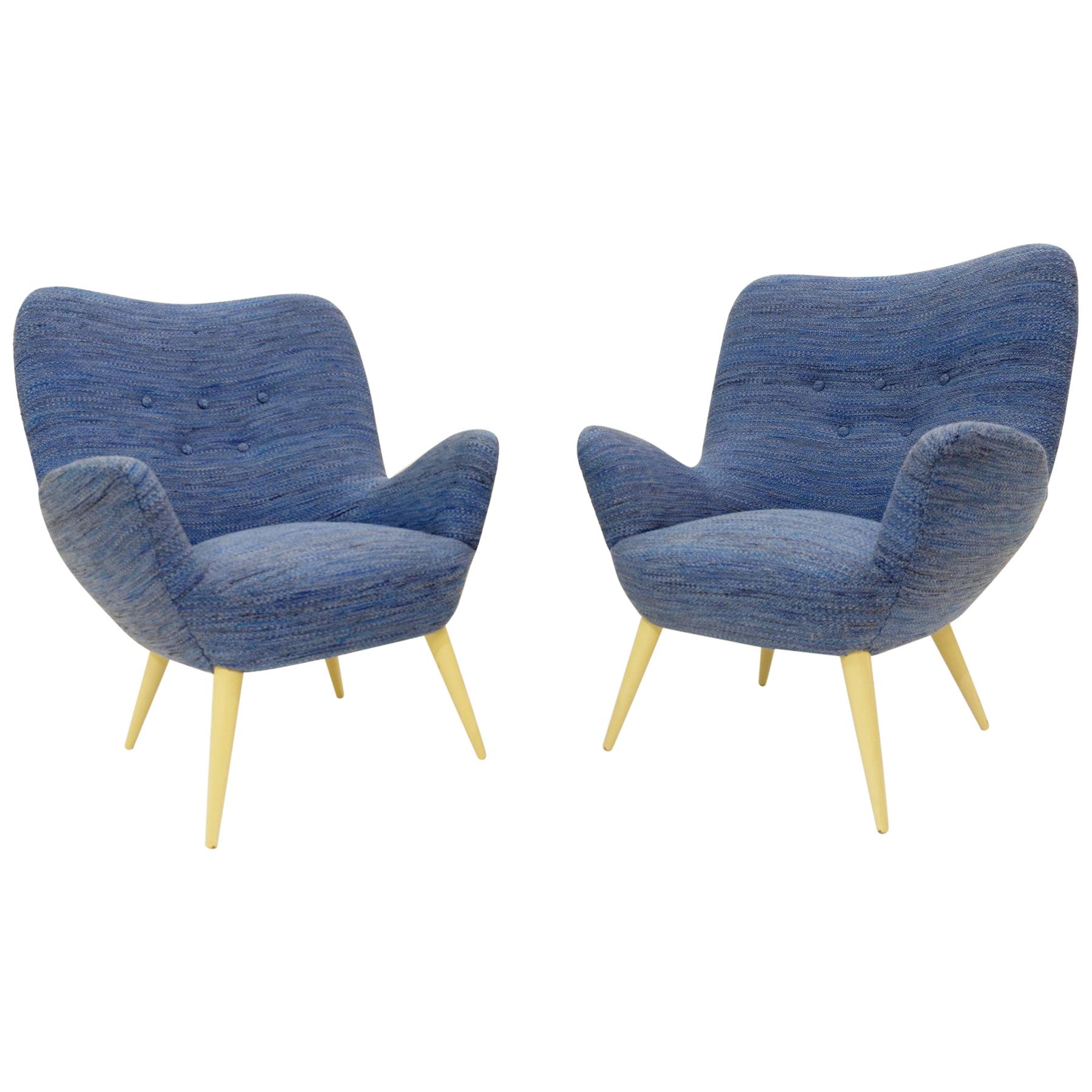 Pair of Italian Armchairs by Cavatorta, 1950s, New Blue Upholstery