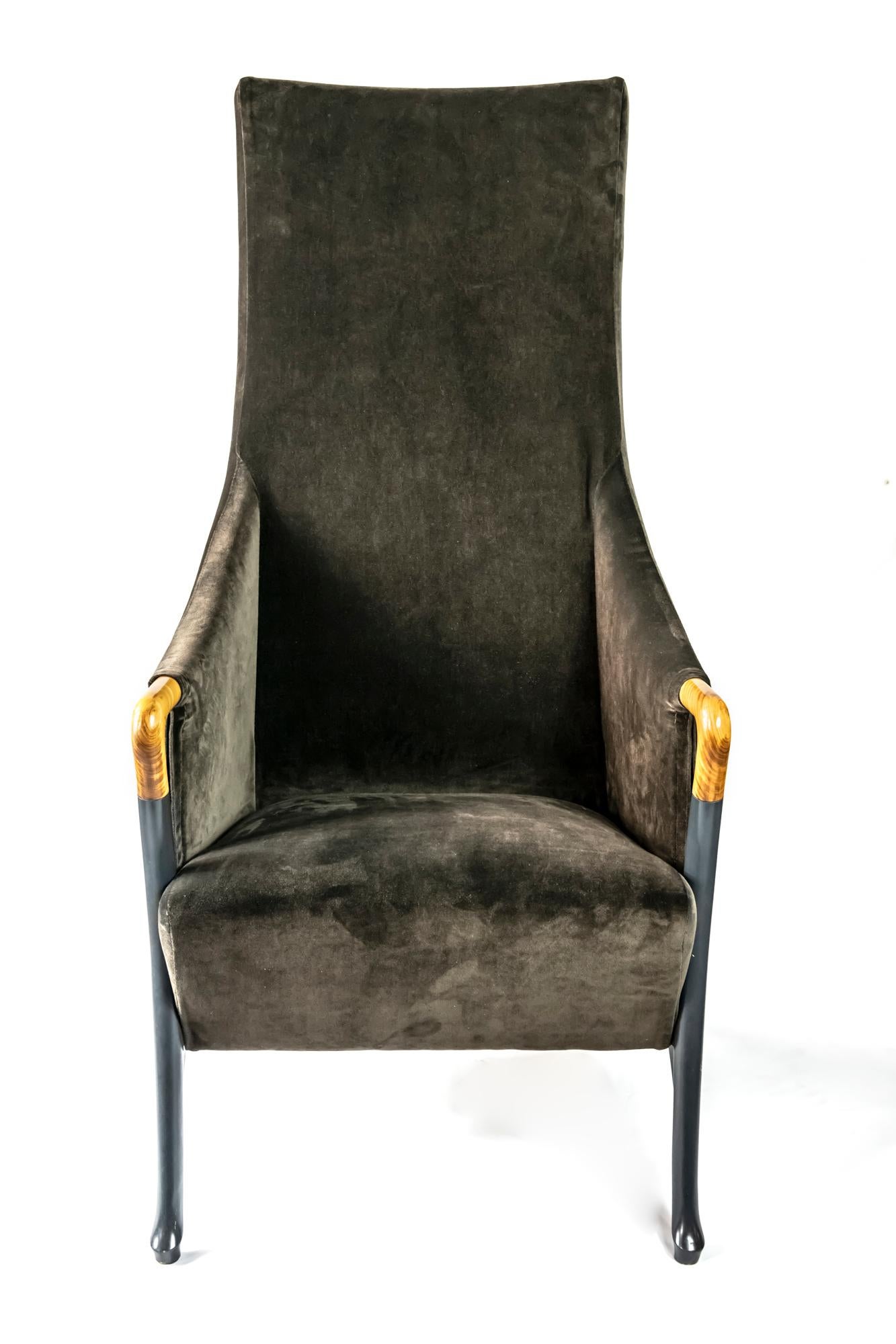 Pair of Italian armchairs by Giorgetti. The wooden base is partly colored in dark grey-brown colour. Upholsted with quality dark brown velour.