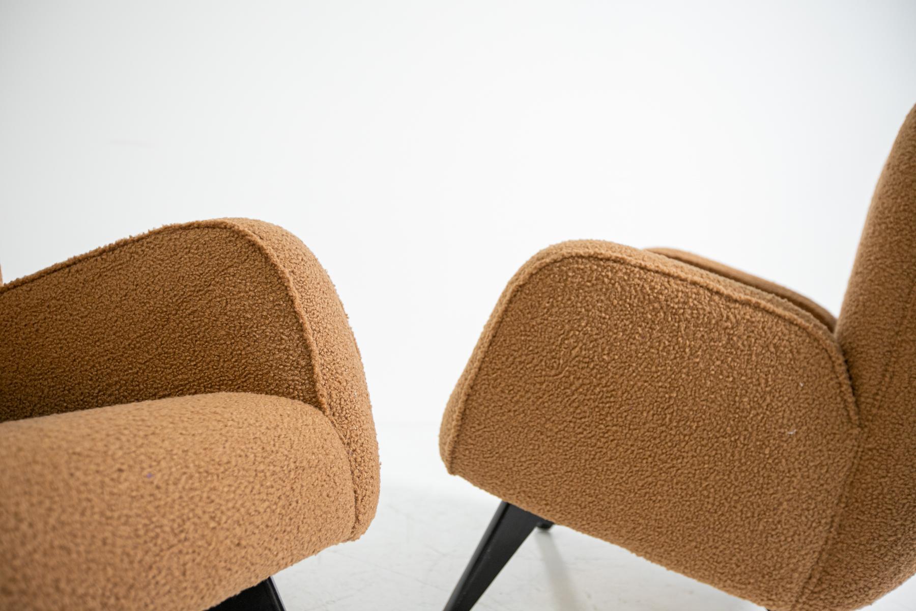 Mid-Century Modern Pair of Italian Armchairs by Melchiorre Bega in Brown Bouclè, 1950s