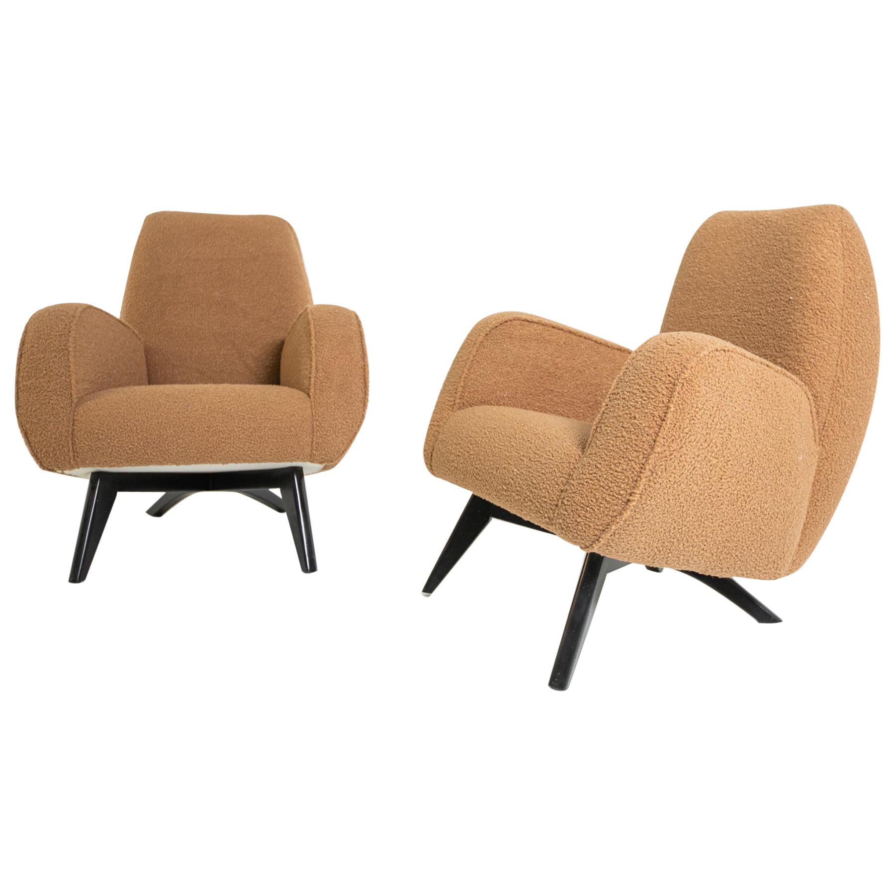 Pair of Italian Armchairs by Melchiorre Bega in Brown Bouclè, 1950s