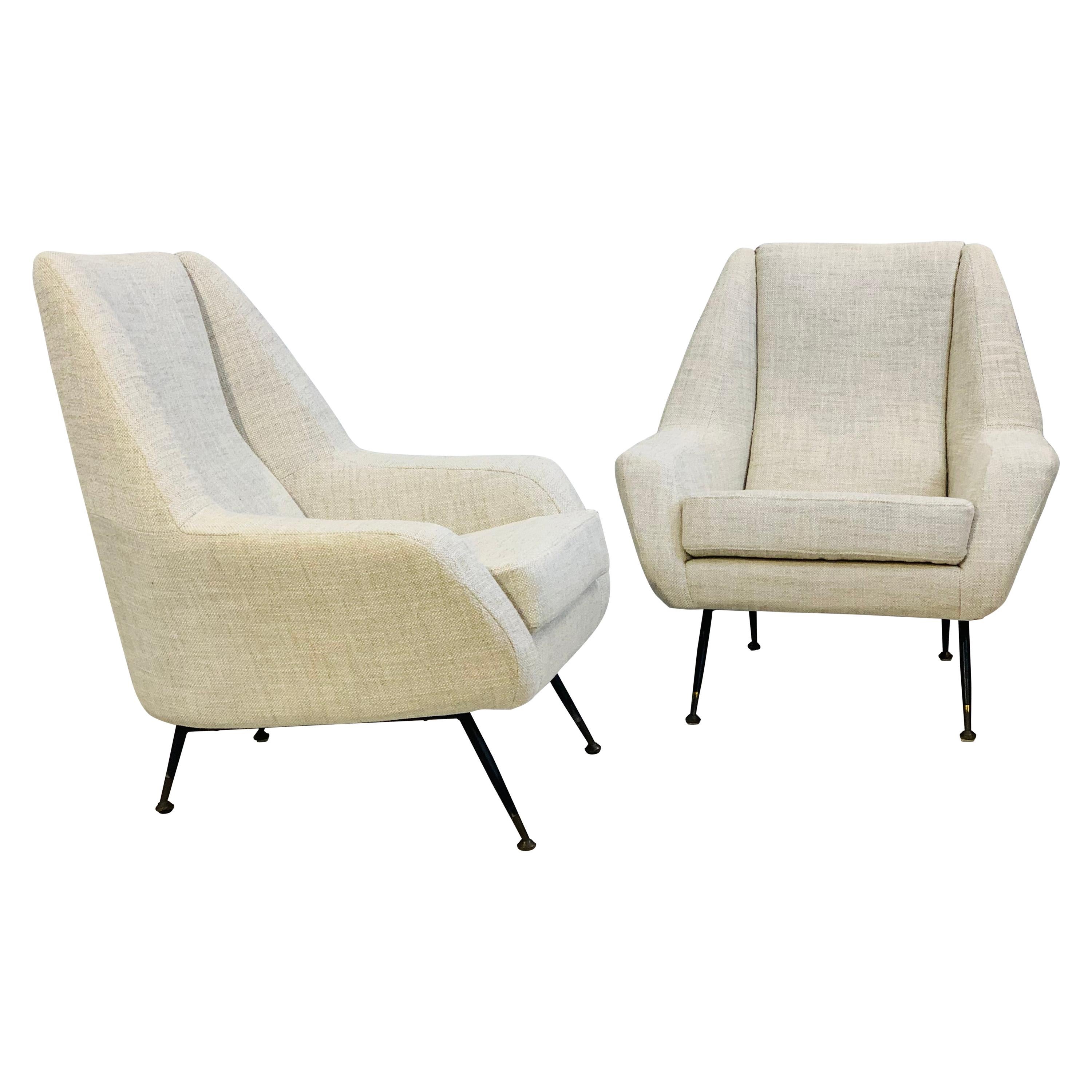 Pair of Mid-Century Modern Italian Armchairs in White Fabric, circa 1950