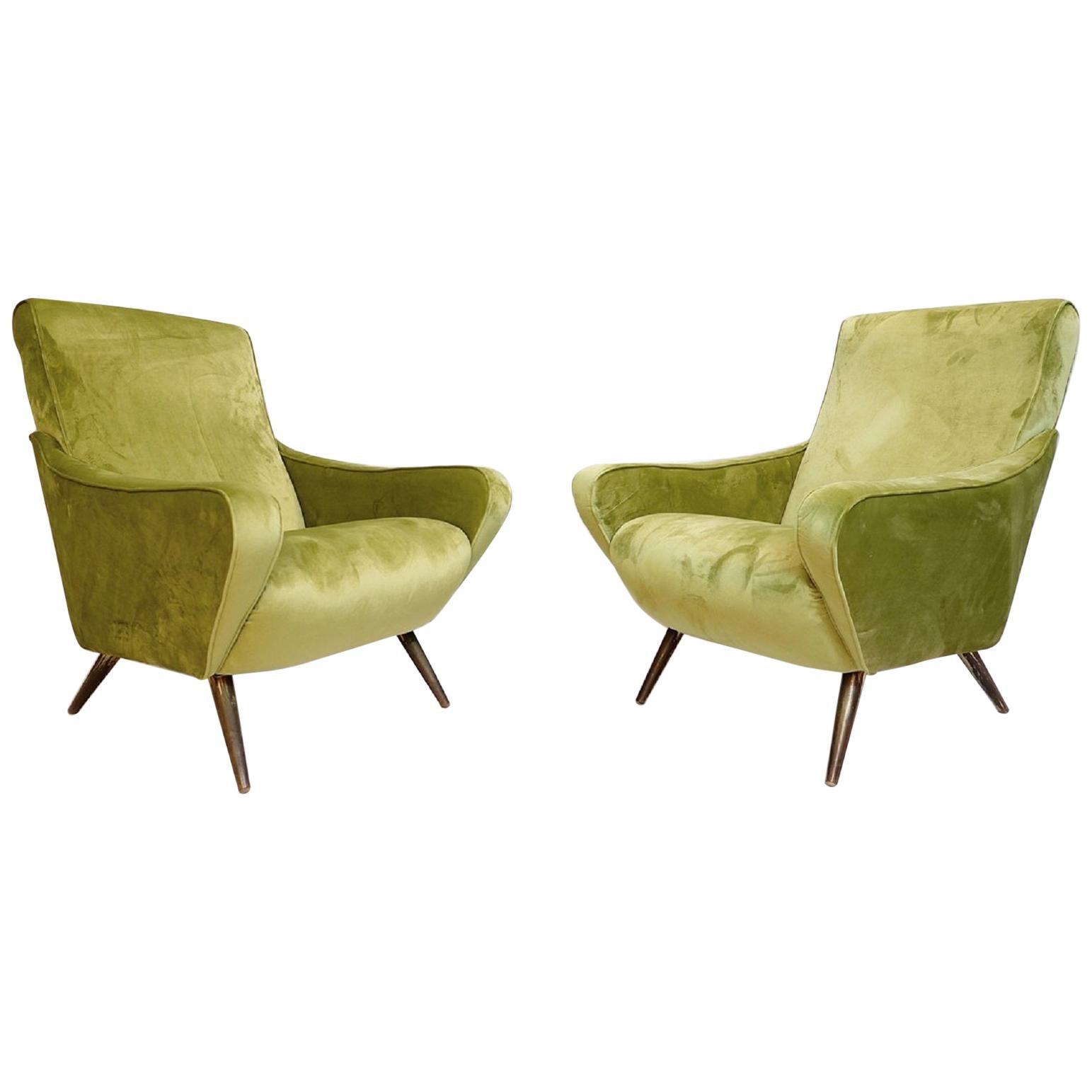 Pair of Italian Armchairs from the 1960s with New Green Velvet Upholstery