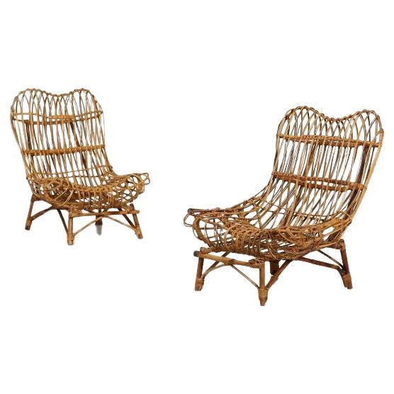 Pair of Italian Armchairs in Bamboo and Wicker
