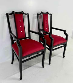 Pair of Italian Armchairs in Black Lacquered Wood and Red Velvet