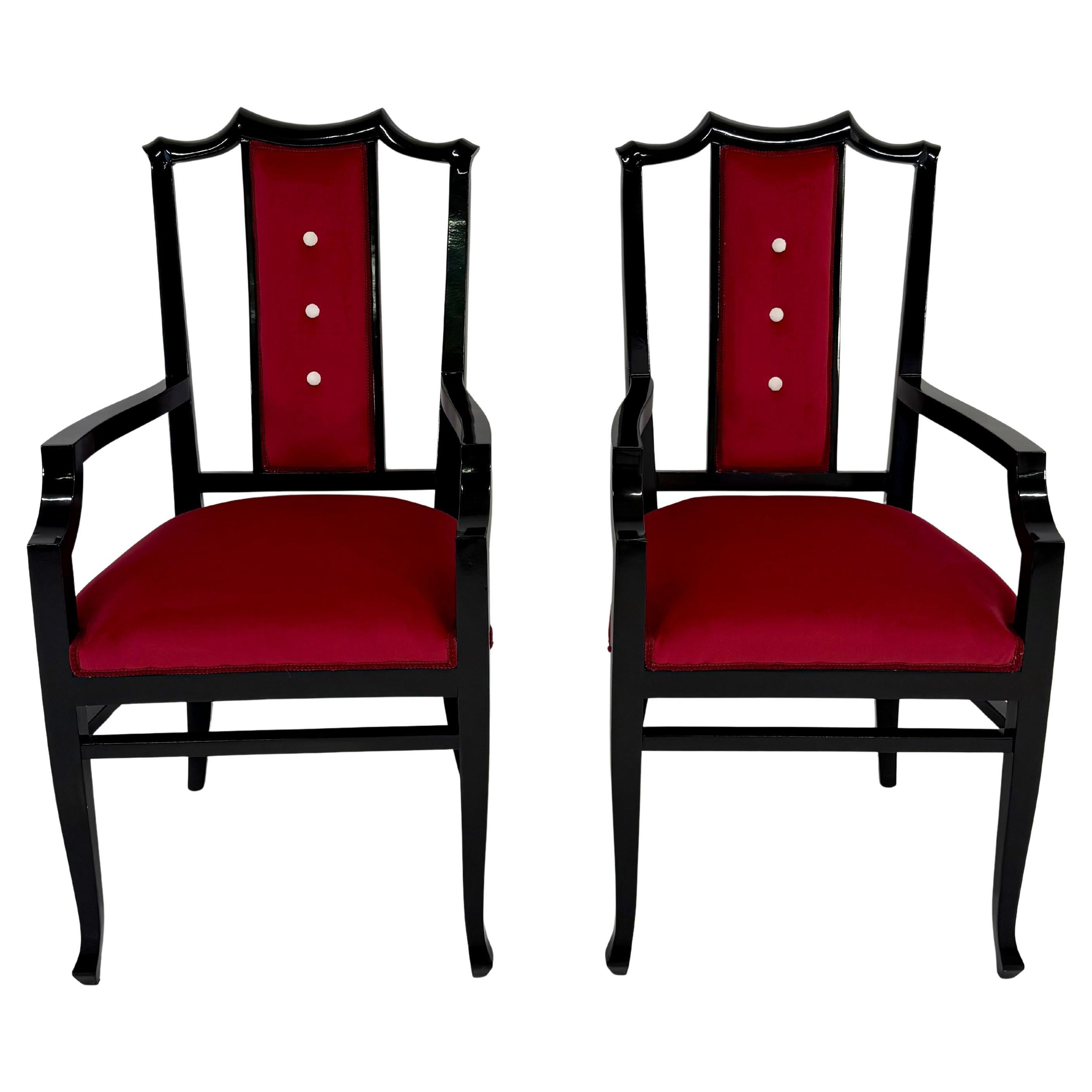 Pair of Italian Armchairs in Black Lacquered Wood and Red Velvet