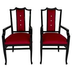 Pair of Italian Armchairs in Black Lacquered Wood and Red Velvet