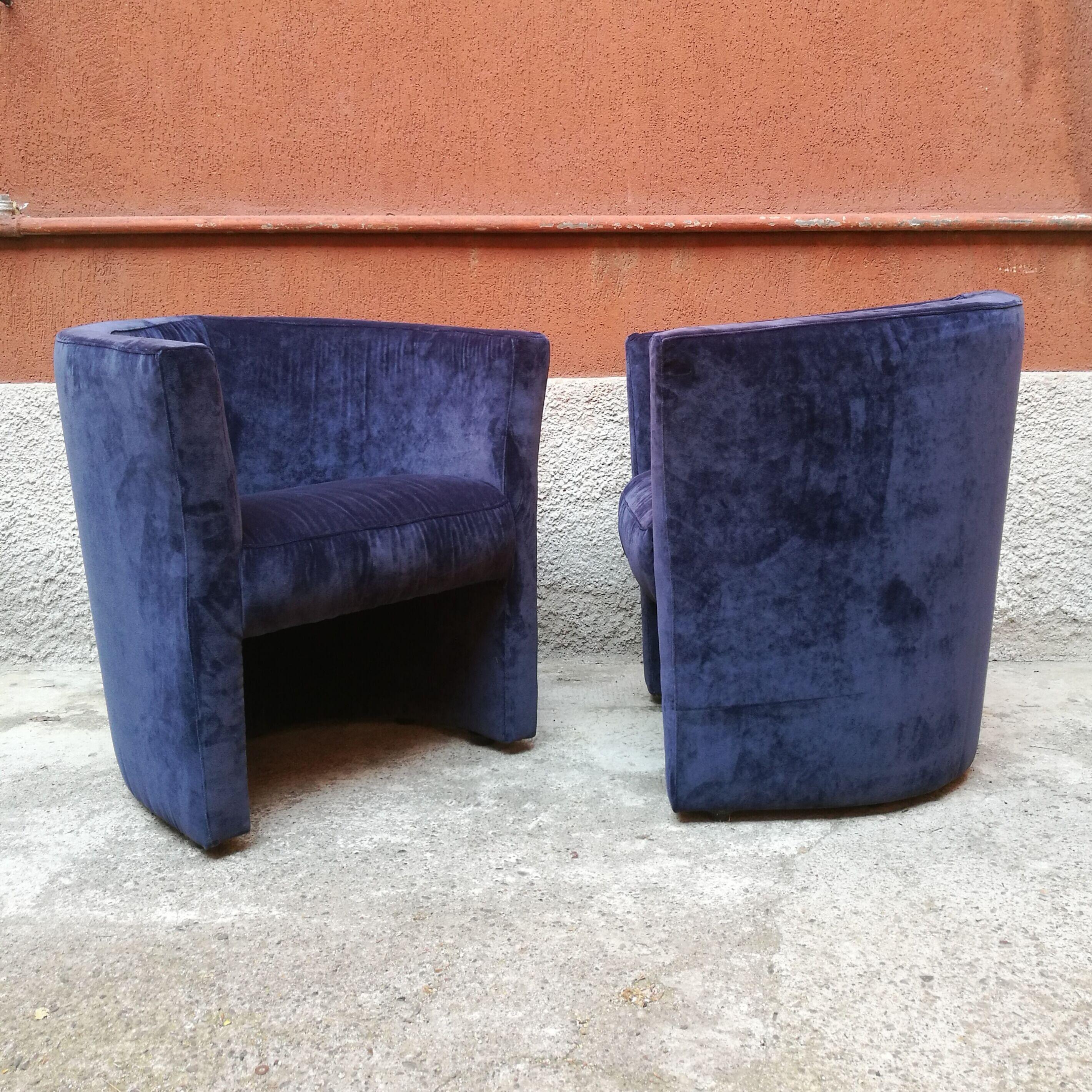 Mid-Century Modern Pair of Italian Armchairs in Blue Velvet, 1970s