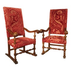 Antique Pair of Italian Armchairs in Carved Walnut with Red Velvet Upholstery, C. 1850