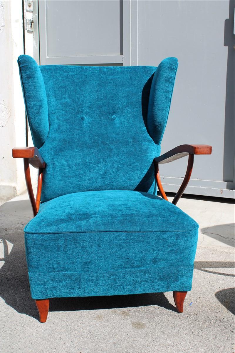Pair of Italian Armchairs in Cherry Wood Blue Velvet Paolo Buffa Design 1950 For Sale 4