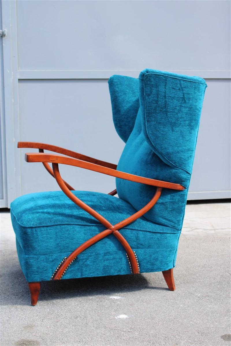 Pair of Italian Armchairs in Cherry Wood Blue Velvet Paolo Buffa Design 1950 For Sale 5