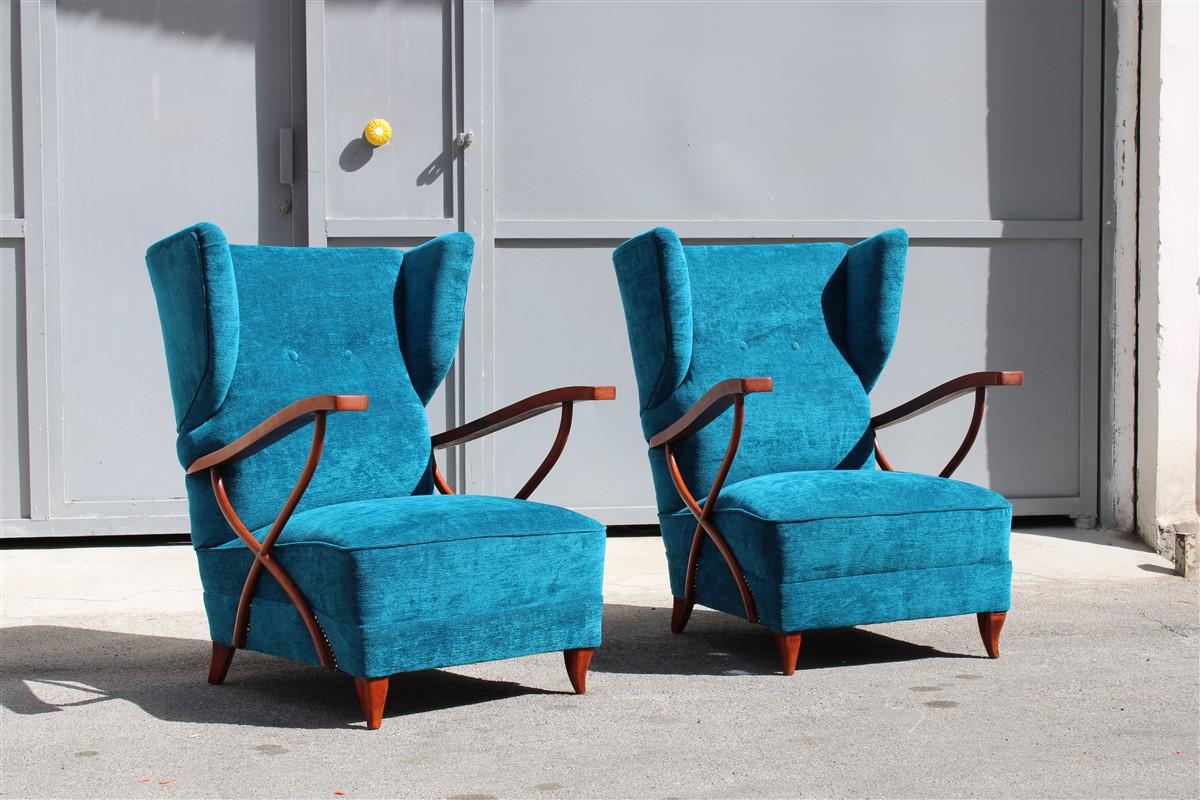Pair of Italian Armchairs in Cherry Wood Blue Velvet Paolo Buffa Design 1950 For Sale 8