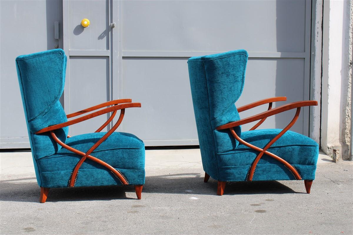Pair of Italian Armchairs in Cherry Wood Blue Velvet Paolo Buffa Design 1950 For Sale 9