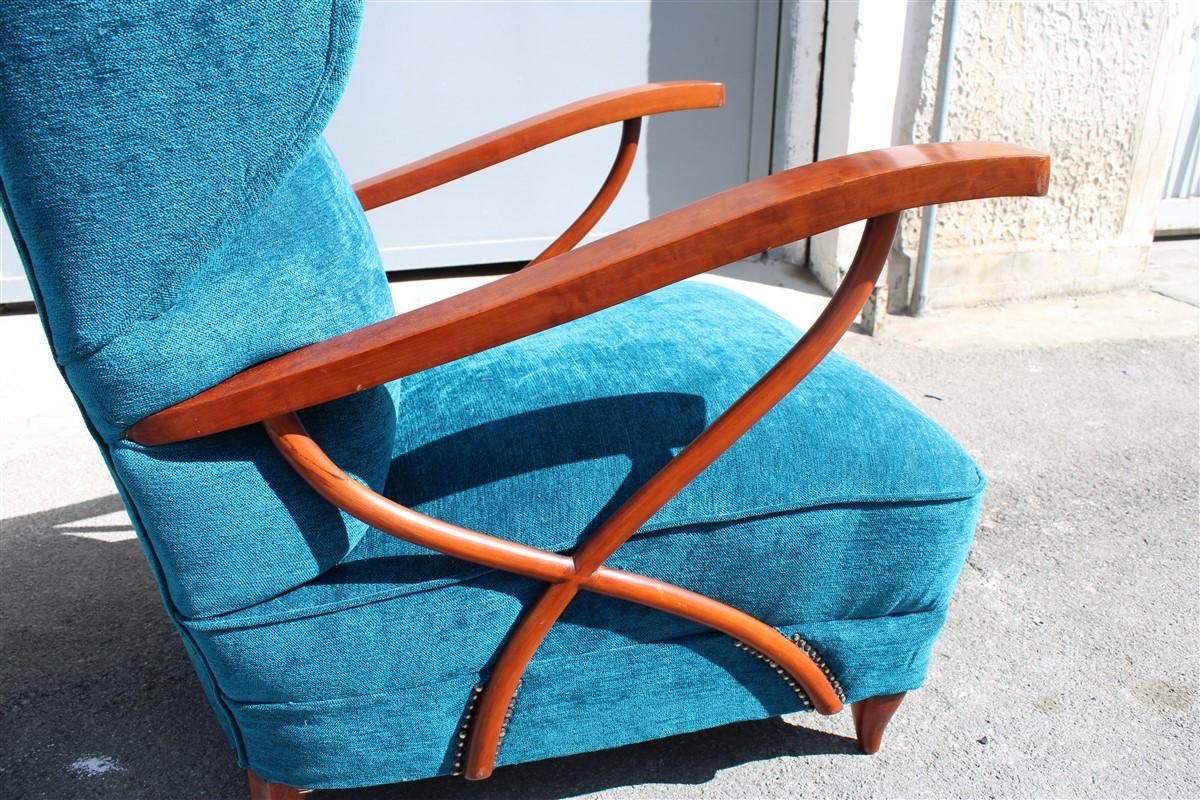 Pair of Italian Armchairs in Cherry Wood Blue Velvet Paolo Buffa Design 1950 For Sale 12