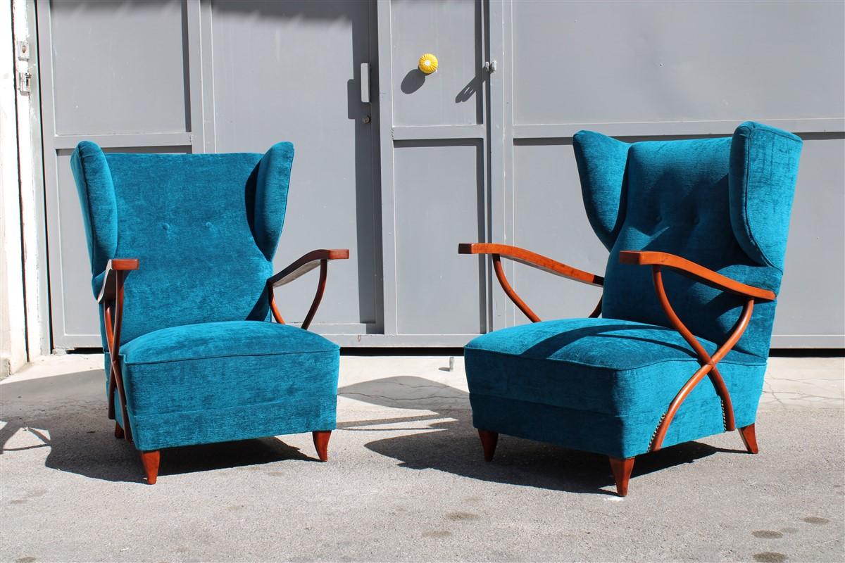 Pair of Italian armchairs in cherry wood and blue velvet paolo buffa design 1950, elegance and rarity for this wonderful pair of armchairs.